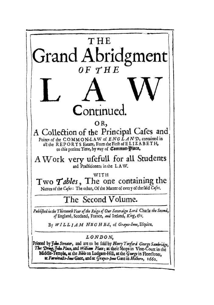 handle is hein.beal/hugh0002 and id is 1 raw text is: THE
Grand Abridgment
OF  r-E
1. A W

Continued.

0 R,
A Colledion of the Principal Cafes and
Point; of the COMMON-LAW         of ENG L AND, contained in
all the R E P O R T S Extant, From theFirit of E L I Z A B E T H,
to this prefent Time, by way of COMmon-- latc,
A Work very ufefull for all Students
and Praffioners in the L A W.
WITH
Two         fables, The one containing the
Names of the Cafes: The other, Of the Matter of every of the faid Cafes.
The Second Volume.
Pmbli fd iu the Thirteenth Tear of the Regn of Oar Soveraign Lord Charls the Secoxd,
of England, Scotland, France, and Ireland, King, &c.
By WILL 1AM        1IUGHBIS, of Grayes-Inne,Efquire.
LONDON,
Prined by 'obs Streater, and are to be fold by Hy TwIyford George Sawbride
Tk.: 7i 36i,  Place, and wiliam Plat; at their Shops in Vine-Court in the
Middle-Temple, at the Bible on Ludgate-Hill, at the 'gewge in Fleetfireer,
at Frvtisl.-lxw Gate, and at 9rayTe:-in  Gate in Hlborn, 1 66,.

iii    i                   iii                i

I  _1 7   ...         . .    ii  ~


