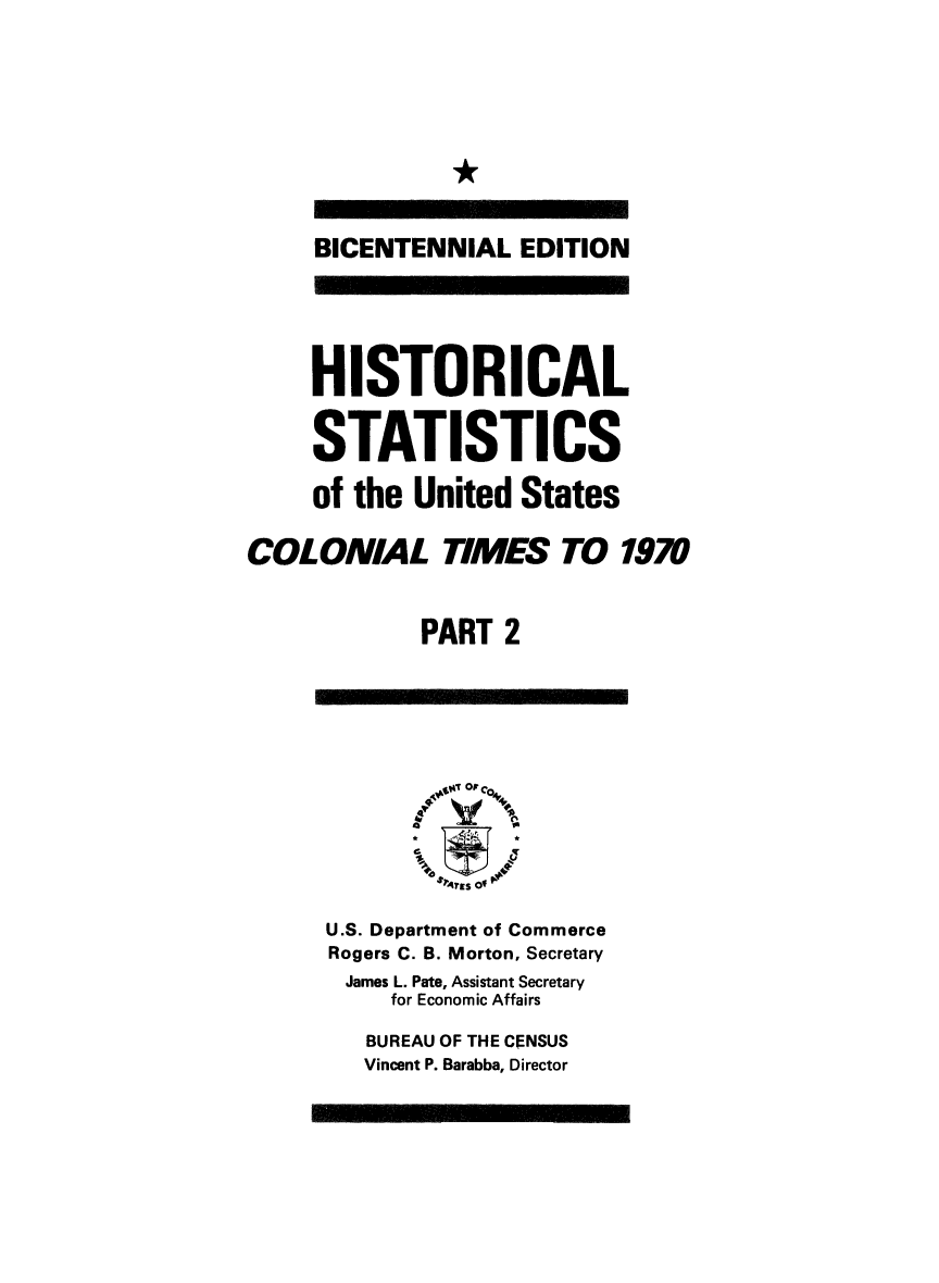 handle is hein.congrec/histaus0002 and id is 1 raw text is: 




*


     BICENTENNIAL   EDITION



     HISTORICAL

     STATISTICS
     of the United  States

COLONIAL TIMES TO 1970

             PART  2









      U.S. Department of Commerce
      Rogers C. B. Morton, Secretary
      James L. Pate, Assistant Secretary
          for Economic Affairs
          BUREAU OF THE CENSUS
        Vincent P. Barabba, Director


