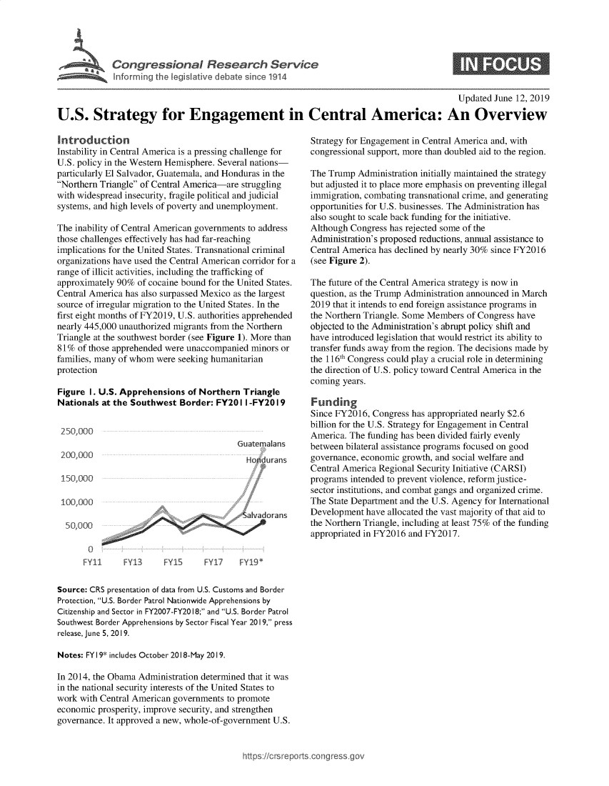 handle is hein.crs/govbaaf0001 and id is 1 raw text is: 





Cnrin al Rtea'  SeIc


S


                                                                                           Updated June 12, 2019

U.S. Strategy for Engagement in Central America: An Overview


Introduction
Instability in Central America is a pressing challenge for
U.S. policy in the Western Hemisphere. Several nations-
particularly El Salvador, Guatemala, and Honduras in the
Northern Triangle of Central America-are struggling
with widespread insecurity, fragile political and judicial
systems, and high levels of poverty and unemployment.

The inability of Central American governments to address
those challenges effectively has had far-reaching
implications for the United States. Transnational criminal
organizations have used the Central American corridor for a
range of illicit activities, including the trafficking of
approximately 90% of cocaine bound for the United States.
Central America has also surpassed Mexico as the largest
source of irregular migration to the United States. In the
first eight months of FY2019, U.S. authorities apprehended
nearly 445,000 unauthorized migrants from the Northern
Triangle at the southwest border (see Figure 1). More than
81 % of those apprehended were unaccompanied minors or
families, many of whom were seeking humanitarian
protection

Figure I. U.S. Apprehensions  of Northern Triangle
Nationals at the Southwest  Border: FY20  II -FY20 I 9


250,000
                                         Guatemalans
 200,000                                     rd ulduans

 150,000


100,000


*alvadorans


Strategy for Engagement in Central America and, with
congressional support, more than doubled aid to the region.

The Trump  Administration initially maintained the strategy
but adjusted it to place more emphasis on preventing illegal
immigration, combating transnational crime, and generating
opportunities for U.S. businesses. The Administration has
also sought to scale back funding for the initiative.
Although Congress has rejected some of the
Administration's proposed reductions, annual assistance to
Central America has declined by nearly 30% since FY2016
(see Figure 2).

The future of the Central America strategy is now in
question, as the Trump Administration announced in March
2019 that it intends to end foreign assistance programs in
the Northern Triangle. Some Members of Congress have
objected to the Administration's abrupt policy shift and
have introduced legislation that would restrict its ability to
transfer funds away from the region. The decisions made by
the 116th Congress could play a crucial role in determining
the direction of U.S. policy toward Central America in the
coming years.

Funding
Since FY2016, Congress has appropriated nearly $2.6
billion for the U.S. Strategy for Engagement in Central
America. The funding has been divided fairly evenly
between bilateral assistance programs focused on good
governance, economic growth, and social welfare and
Central America Regional Security Initiative (CARSI)
programs intended to prevent violence, reform justice-
sector institutions, and combat gangs and organized crime.
The State Department and the U.S. Agency for International
Development  have allocated the vast majority of that aid to
the Northern Triangle, including at least 75% of the funding
appropriated in FY2016 and FY2017.


0


      FY11     FY13     FY15     FY17    FYI9*

Source: CRS presentation of data from U.S. Customs and Border
Protection, U.S. Border Patrol Nationwide Apprehensions by
Citizenship and Sector in FY2007-FY2018; and U.S. Border Patrol
Southwest Border Apprehensions by Sector Fiscal Year 2019, press
release, June 5, 20 19.

Notes: FYI9* includes October 2018-May 2019.

In 2014, the Obama Administration determined that it was
in the national security interests of the United States to
work with Central American governments to promote
economic prosperity, improve security, and strengthen
governance. It approved a new, whole-of-government U.S.


https:/crsreports.conc -- -q


