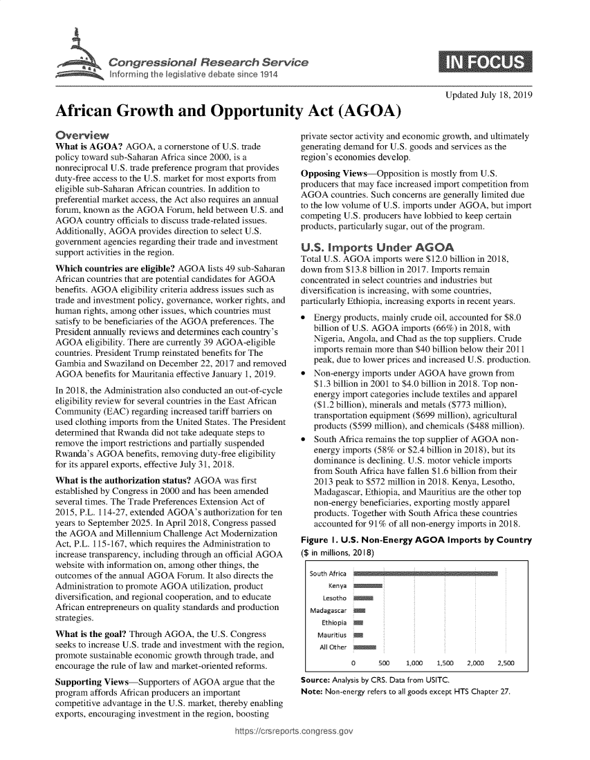 handle is hein.crs/govbamc0001 and id is 1 raw text is: 










African Growth and Opportunity Act (AGOA)


Overview
What  is AGOA?   AGOA,  a cornerstone of U.S. trade
policy toward sub-Saharan Africa since 2000, is a
nonreciprocal U.S. trade preference program that provides
duty-free access to the U.S. market for most exports from
eligible sub-Saharan African countries. In addition to
preferential market access, the Act also requires an annual
forum, known  as the AGOA  Forum, held between U.S. and
AGOA   country officials to discuss trade-related issues.
Additionally, AGOA  provides direction to select U.S.
government  agencies regarding their trade and investment
support activities in the region.
Which  countries are eligible? AGOA lists 49 sub-Saharan
African countries that are potential candidates for AGOA
benefits. AGOA  eligibility criteria address issues such as
trade and investment policy, governance, worker rights, and
human  rights, among other issues, which countries must
satisfy to be beneficiaries of the AGOA preferences. The
President annually reviews and determines each country's
AGOA   eligibility. There are currently 39 AGOA-eligible
countries. President Trump reinstated benefits for The
Gambia  and Swaziland on December  22, 2017 and removed
AGOA   benefits for Mauritania effective January 1, 2019.
In 2018, the Administration also conducted an out-of-cycle
eligibility review for several countries in the East African
Community   (EAC) regarding increased tariff barriers on
used clothing imports from the United States. The President
determined that Rwanda did not take adequate steps to
remove the import restrictions and partially suspended
Rwanda's  AGOA   benefits, removing duty-free eligibility
for its apparel exports, effective July 31, 2018.
What  is the authorization status? AGOA was first
established by Congress in 2000 and has been amended
several times. The Trade Preferences Extension Act of
2015, P.L. 114-27, extended AGOA's authorization for ten
years to September 2025. In April 2018, Congress passed
the AGOA   and Millennium Challenge Act Modernization
Act, P.L. 115-167, which requires the Administration to
increase transparency, including through an official AGOA
website with information on, among other things, the
outcomes of the annual AGOA  Forum. It also directs the
Administration to promote AGOA  utilization, product
diversification, and regional cooperation, and to educate
African entrepreneurs on quality standards and production
strategies.
What  is the goal? Through AGOA,  the U.S. Congress
seeks to increase U.S. trade and investment with the region,
promote sustainable economic growth through trade, and
encourage the rule of law and market-oriented reforms.
Supporting  Views-Supporters  of AGOA   argue that the
program affords African producers an important
competitive advantage in the U.S. market, thereby enabling
exports, encouraging investment in the region, boosting


Updated July 18, 2019


private sector activity and economic growth, and ultimately
generating demand for U.S. goods and services as the
region's economies develop.
Opposing  Views-Opposition   is mostly from U.S.
producers that may face increased import competition from
AGOA   countries. Such concerns are generally limited due
to the low volume of U.S. imports under AGOA, but import
competing U.S. producers have lobbied to keep certain
products, particularly sugar, out of the program.

U.S.   Imports Under AGOA
Total U.S. AGOA  imports were $12.0 billion in 2018,
down  from $13.8 billion in 2017. Imports remain
concentrated in select countries and industries but
diversification is increasing, with some countries,
particularly Ethiopia, increasing exports in recent years.
*  Energy products, mainly crude oil, accounted for $8.0
   billion of U.S. AGOA imports (66%) in 2018, with
   Nigeria, Angola, and Chad as the top suppliers. Crude
   imports remain more than $40 billion below their 2011
   peak, due to lower prices and increased U.S. production.
*  Non-energy  imports under AGOA  have grown from
   $1.3 billion in 2001 to $4.0 billion in 2018. Top non-
   energy import categories include textiles and apparel
   ($1.2 billion), minerals and metals ($773 million),
   transportation equipment ($699 million), agricultural
   products ($599 million), and chemicals ($488 million).
*  South Africa remains the top supplier of AGOA non-
   energy imports (58% or $2.4 billion in 2018), but its
   dominance  is declining. U.S. motor vehicle imports
   from South Africa have fallen $1.6 billion from their
   2013 peak to $572 million in 2018. Kenya, Lesotho,
   Madagascar, Ethiopia, and Mauritius are the other top
   non-energy beneficiaries, exporting mostly apparel
   products. Together with South Africa these countries
   accounted for 91% of all non-energy imports in 2018.
Figure  I. U.S. Non-Energy AGOA Imports by Country
($ in millions, 2018)

  South Africa
       Kenya i
     Lesotho m
  Madagascar E
     Ethiopia
     Mauritius
     All Other
            0      500   1,000  1,500   2,000  2,500

Source: Analysis by CRS. Data from USITC.
Note: Non-energy refers to all goods except HTS Chapter 27.


https://crsreports.congressge


