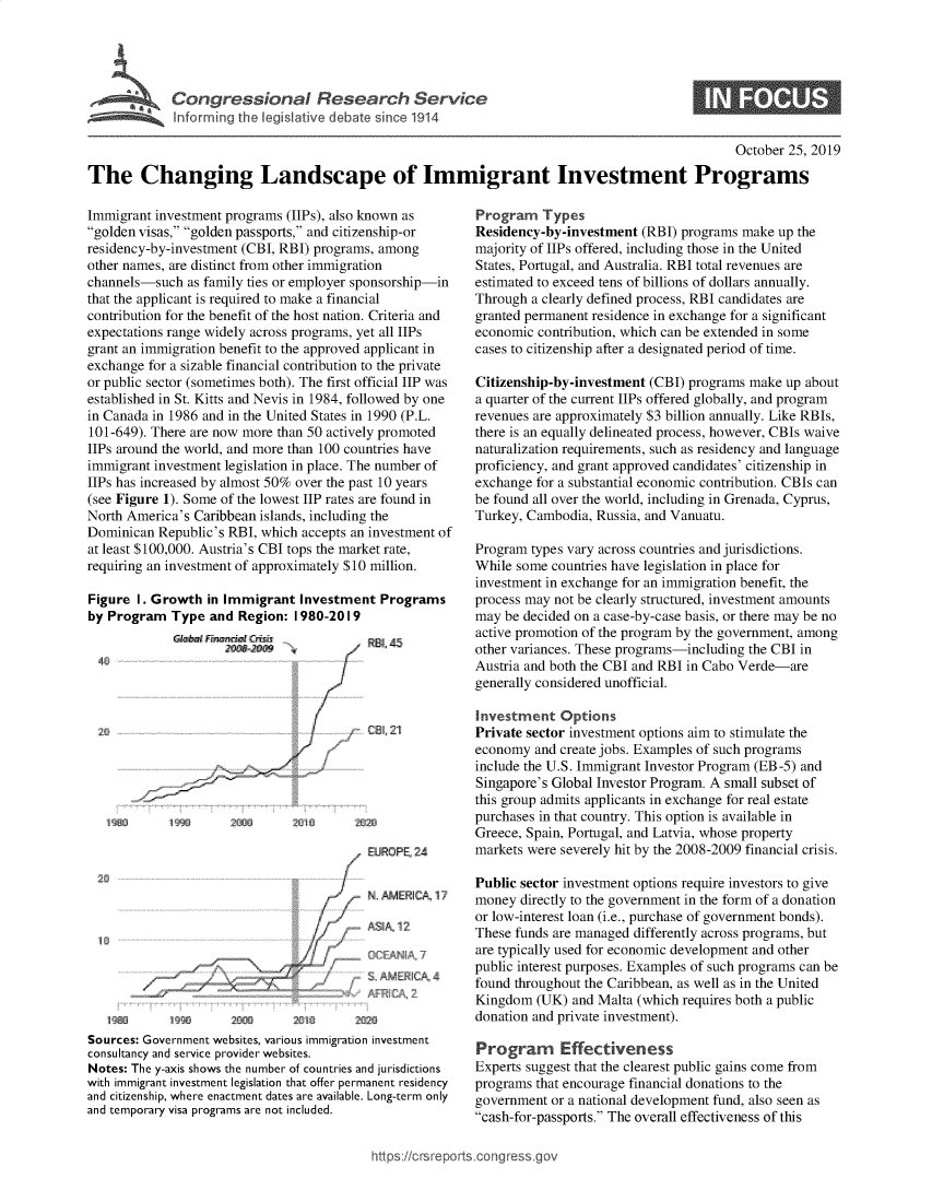 handle is hein.crs/govbbnw0001 and id is 1 raw text is: 




  Congressional Research Service
~I tormng th legislative debate sin~ce 1914


October 25, 2019


The Changing Landscape of Immigrant Investment Programs


Immigrant investment programs (liPs), also known as
golden visas, golden passports, and citizenship-or
residency-by-investment (CBI, RBI) programs, among
other names, are distinct from other immigration
channels-such as family ties or employer sponsorship-in
that the applicant is required to make a financial
contribution for the benefit of the host nation. Criteria and
expectations range widely across programs, yet all IIPs
grant an immigration benefit to the approved applicant in
exchange for a sizable financial contribution to the private
or public sector (sometimes both). The first official IIP was
established in St. Kitts and Nevis in 1984, followed by one
in Canada in 1986 and in the United States in 1990 (P.L.
10 1-649). There are now more than 50 actively promoted
IIPs around the world, and more than 100 countries have
immigrant investment legislation in place. The number of
IIPs has increased by almost 50% over the past 10 years
(see Figure 1). Some of the lowest IIP rates are found in
North America's Caribbean islands, including the
Dominican Republic's RBI, which accepts an investment of
at least $100,000. Austria's CBI tops the market rate,
requiring an investment of approximately $10 million.

Figure I. Growth in Immigrant Investment Programs
by Program Type and Region: 1980-2019
                a  '111wn  C rrs1


     /
-C---


          A
/          9 1
   /


Gl 21






EOPE 24


NJ. AMEICA 17
A k 12
   ~ AII~i7


Sources: Government websites, various immigration investment
consultancy and service provider websites.
Notes: The y-axis shows the number of countries and jurisdictions
with immigrant investment legislation that offer permanent residency
and citizenship, where enactment dates are available. Long-term only
and temporary visa programs are not included.


Program Types
Residency-by-investment (RBI) programs make up the
majority of IIPs offered, including those in the United
States, Portugal, and Australia. RBI total revenues are
estimated to exceed tens of billions of dollars annually.
Through a clearly defined process, RBI candidates are
granted permanent residence in exchange for a significant
economic contribution, which can be extended in some
cases to citizenship after a designated period of time.

Citizenship-by-investment (CBI) programs make up about
a quarter of the current IIPs offered globally, and program
revenues are approximately $3 billion annually. Like RBIs,
there is an equally delineated process, however, CBIs waive
naturalization requirements, such as residency and language
proficiency, and grant approved candidates' citizenship in
exchange for a substantial economic contribution. CBIs can
be found all over the world, including in Grenada, Cyprus,
Turkey, Cambodia, Russia, and Vanuatu.

Program types vary across countries and jurisdictions.
While some countries have legislation in place for
investment in exchange for an immigration benefit, the
process may not be clearly structured, investment amounts
may be decided on a case-by-case basis, or there may be no
active promotion of the program by the government, among
other variances. These programs-including the CBI in
Austria and both the CBI and RBI in Cabo Verde-are
generally considered unofficial.

Investment Options
Private sector investment options aim to stimulate the
economy and create jobs. Examples of such programs
include the U.S. Immigrant Investor Program (EB -5) and
Singapore's Global Investor Program. A small subset of
this group admits applicants in exchange for real estate
purchases in that country. This option is available in
Greece, Spain, Portugal, and Latvia, whose property
markets were severely hit by the 2008-2009 financial crisis.

Public sector investment options require investors to give
money directly to the government in the form of a donation
or low-interest loan (i.e., purchase of government bonds).
These funds are managed differently across programs, but
are typically used for economic development and other
public interest purposes. Examples of such programs can be
found throughout the Caribbean, as well as in the United
Kingdom (UK) and Malta (which requires both a public
donation and private investment).

Program Effectiveness
Experts suggest that the clearest public gains come from
programs that encourage financial donations to the
government or a national development fund, also seen as
cash-for-passports. The overall effectiveness of this


htps:!crsreports cong --sq


