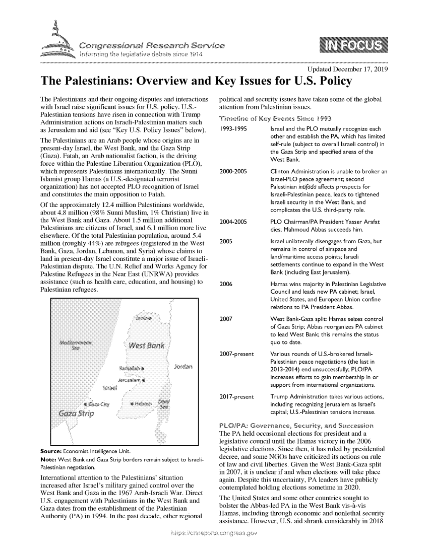 handle is hein.crs/govbdzy0001 and id is 1 raw text is: 




01;0i E.$~                                     &


                                                                                           Updated December 17, 2019

The Palestinians: Overview and Key Issues for U.S. Policy


The Palestinians and their ongoing disputes and interactions
with Israel raise significant issues for U.S. policy. U.S.-
Palestinian tensions have risen in connection with Trump
Administration actions on Israeli-Palestinian matters such
as Jerusalem and aid (see Key U.S. Policy Issues below).
The Palestinians are an Arab people whose origins are in
present-day Israel, the West Bank, and the Gaza Strip
(Gaza). Fatah, an Arab nationalist faction, is the driving
force within the Palestine Liberation Organization (PLO),
which represents Palestinians internationally. The Sunni
Islamist group Hamas (a U.S.-designated terrorist
organization) has not accepted PLO recognition of Israel
and constitutes the main opposition to Fatah.
Of the approximately 12.4 million Palestinians worldwide,
about 4.8 million (98% Sunni Muslim, 1% Christian) live in
the West Bank and Gaza. About 1.5 million additional
Palestinians are citizens of Israel, and 6.1 million more live
elsewhere. Of the total Palestinian population, around 5.4
million (roughly 44%) are refugees (registered in the West
Bank, Gaza, Jordan, Lebanon, and Syria) whose claims to
land in present-day Israel constitute a major issue of Israeli-
Palestinian dispute. The U.N. Relief and Works Agency for
Palestine Refugees in the Near East (UNRWA) provides
assistance (such as health care, education, and housing) to
Palestinian refugees.


Source: Economist Intelligence Unit.
Note: West Bank and Gaza Strip borders remain subject to Israeli-
Palestinian negotiation.
International attention to the Palestinians' situation
increased after Israel's military gained control over the
West Bank and Gaza in the 1967 Arab-Israeli War. Direct
U.S. engagement with Palestinians in the West Bank and
Gaza dates from the establishment of the Palestinian
Authority (PA) in 1994. In the past decade, other regional


political and security issues have taken some of the global
attention from Palestinian issues.
     of ,.,ein.  Key4 ,wv  v.,t  i ',-.  99T


1993-1995


2000-2005






2004-2005


2005





2006




2007


Israel and the PLO mutually recognize each
other and establish the PA, which has limited
self-rule (subject to overall Israeli control) in
the Gaza Strip and specified areas of the
West Bank.
Clinton Administration is unable to broker an
Israel-PLO peace agreement; second
Palestinian intifada affects prospects for
Israeli-Palestinian peace, leads to tightened
Israeli security in the West Bank, and
complicates the U.S. third-party role.
PLO Chairman/PA President Yasser Arafat
dies; Mahmoud Abbas succeeds him.
Israel unilaterally disengages from Gaza, but
remains in control of airspace and
land/maritime access points; Israeli
settlements continue to expand in the West
Bank (including East Jerusalem).
Hamas wins majority in Palestinian Legislative
Council and leads new PA cabinet; Israel,
United States, and European Union confine
relations to PA President Abbas.
West Bank-Gaza split: Hamas seizes control
of Gaza Strip; Abbas reorganizes PA cabinet
to lead West Bank; this remains the status
quo to date.


2007-present     Various rounds of U.S.-brokered Israeli-
                  Palestinian peace negotiations (the last in
                  2013-2014) end unsuccessfully; PLO/PA
                  increases efforts to gain membership in or
                  support from international organizations.
2017-present     Trump Administration takes various actions,
                  including recognizing Jerusalem as Israel's
                  capital; U.S.-Palestinian tensions increase.


The PA held occasional elections for president and a
legislative council until the Hamas victory in the 2006
legislative elections. Since then, it has ruled by presidential
decree, and some NGOs have criticized its actions on rule
of law and civil liberties. Given the West Bank-Gaza split
in 2007, it is unclear if and when elections will take place
again. Despite this uncertainty, PA leaders have publicly
contemplated holding elections sometime in 2020.
The United States and some other countries sought to
bolster the Abbas-led PA in the West Bank vis-4-vis
Hamas, including through economic and nonlethal security
assistance. However, U.S. aid shrank considerably in 2018


        4
k~~arc~


         p\w gnom ggmm
mppm qq\
a              , q
'S              I
11LIANJILiN,


