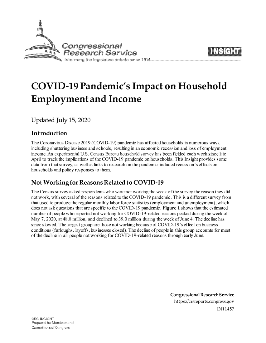 handle is hein.crs/govdaud0001 and id is 1 raw text is: 









              Researh Sevice






COVID-19 Pandemic's Impact on Household

Employment and Income



Updated July 15, 2020

Introduction

The Coronavirus Disease 2019 (COVID-19) pandemic has affectedhouseholds in numerous ways,
including shuttering business and schools, resulting in an economic recession and loss of employment
income. An experimental U.S. Census Bureau household survey has been fielded each week since late
April to track the implications of the COVID-19 pandemic on households. This Insight provides some
data from that survey, as well as links to research on the pandemic -induced recession's effects on
households and policy responses to them.

Not Working for Reasons Related to COVID-19
The Census survey asked respondents who were not working the week of the survey the reason they did
not work, with several of the reasons related to the COVID- 19 pandemic. This is a different survey from
that used to produce the regular monthly labor force statistics (employment and unemployment), which
does not ask questions that are specific to the COVID- 19 pandemic. Figure 1 shows that the estimated
number of people who reported not working for COVID-19-related reasons peaked during the week of
May 7, 2020, at 48.8 million, and declined to 39.0 million during the week of June 4. The decline has
since slow ed. The largest group are those not working bec aus e of COVID- 19's effect on business
conditions (furloughs, layoffs, businesses closed). The decline of people in this group accounts for most
of the decline in all people not working for COVID- 19-related reasons through early June.











                                                            Congressional Research Service
                                                            https://crsreports.congress.gov
                                                                                IN11457


CRS MNS GHT
Pre.pared ior Mx-mbersand
om :n Xfteesofongrc  -


