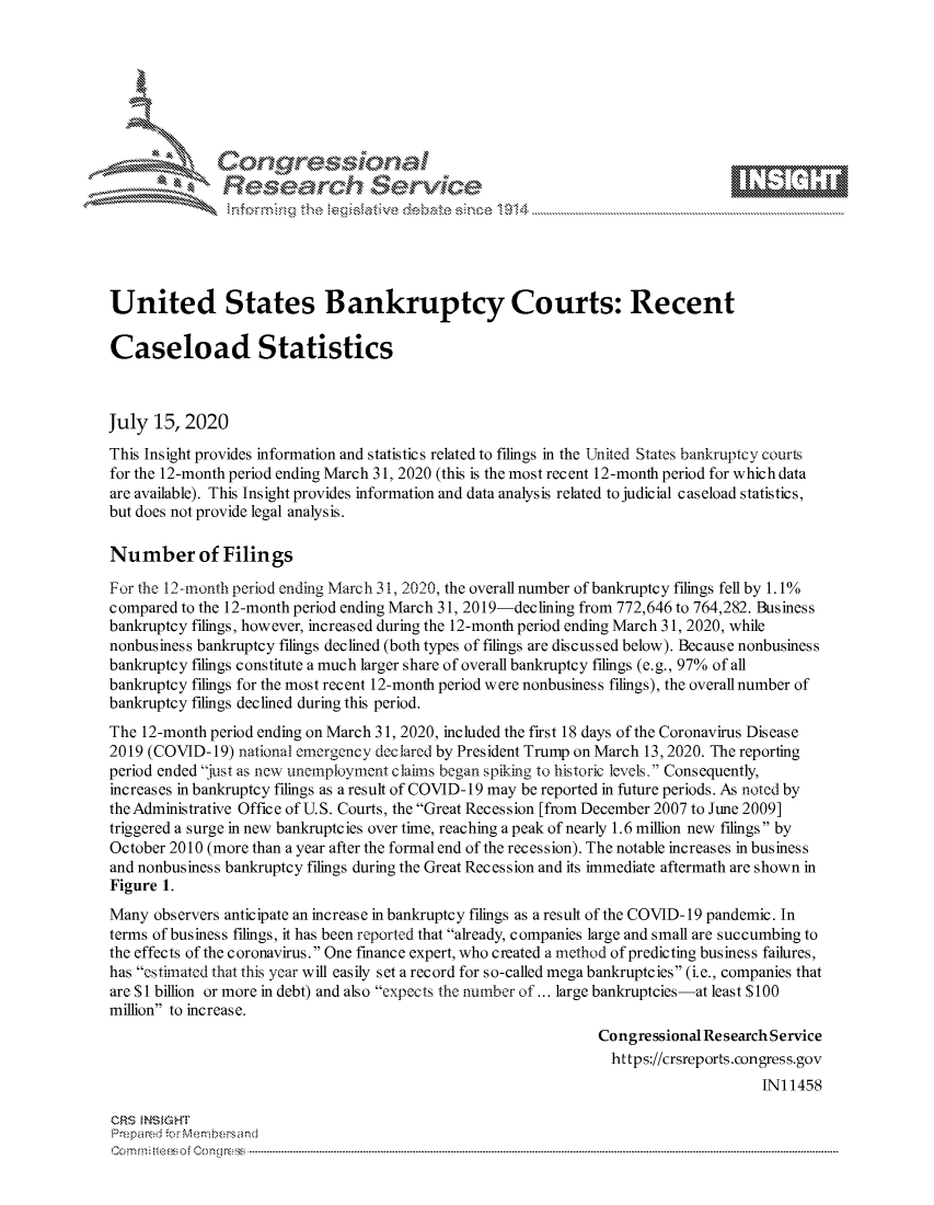 handle is hein.crs/govdaue0001 and id is 1 raw text is: 









               Researh Sevice






United States Bankruptcy Courts: Recent

Caseload Statistics



July 15,2020
This Insight provides information and statistics related to filings in the United States bankruptcy court:
for the 12-month period ending March 31, 2020 (this is the most recent 12-month period for which data
are available). This Insight provides information and data analysis related to judicial caseload statistics,
but does not provide legal analysis.

Number of Filings

For the 12-month period ending March 31, 2020, the overall number of bankruptcy filings fell by 1.10%
compared to the 12-month period ending March 31, 2019-declining from 772,646 to 764,282. Business
bankruptcy filings, however, increased during the 12-month period ending March 31, 2020, while
nonbusiness bankruptcy filings declined (both types of filings are discussed below). Because nonbusiness
bankruptcy filings constitute a much larger share of overall bankruptcy filings (e.g., 97% of all
bankruptcy filings for the most recent 12-month period were nonbusiness filings), the overall number of
bankruptcy filings declined during this period.
The 12-month period ending on March 31, 2020, included the first 18 days of the Coronavirus Disease
2019 (COVID- 19) national emergency declared by President Trump on March 13, 2020. The reporting
period ended just as new unemployment clains began spiking to historic levels. Consequently,
increases in bankruptcy filings as a result of COVID-19 may be reported in future periods. As noted by
the Administrative Office of U.S. Courts, the Great Recession [from December 2007 to June 2009]
triggered a surge in new bankruptcies over time, reaching a peak of nearly 1.6 million new filings by
October 2010 (more than a year after the formal end of the recession). The notable increases in business
and nonbusiness bankruptcy filings during the Great Recession and its immediate aftermath are shown in
Figure 1.
Many observers anticipate an increase in bankruptcy filings as a result of the COVID-19 pandemic. In
terms of business filings, it has been reported that already, companies large and small are succumbing to
the effects of the coronavirus. One finance expert, who created a method of predicting business failures,
has estimated that this year will easily set a record for so-called mega bankruptcies (i.e., companies that
are $1 billion or more in debt) and also expects the number of ... large bankruptcies-at least $100
million to increase.
                                                               Congressional Research Service
                                                                 https://crsreports.congress.gov
                                                                                    INI 1458

CRS MNS GHT
Prepa re -r -c- Membersand
Co.. n ft i sofon mcC  n g ------------------------------------------------------------------------------------------------------------------------------------....................................-- - - - - - - - - - - - - - - - - - - - - - - - - - - - - - - - -


