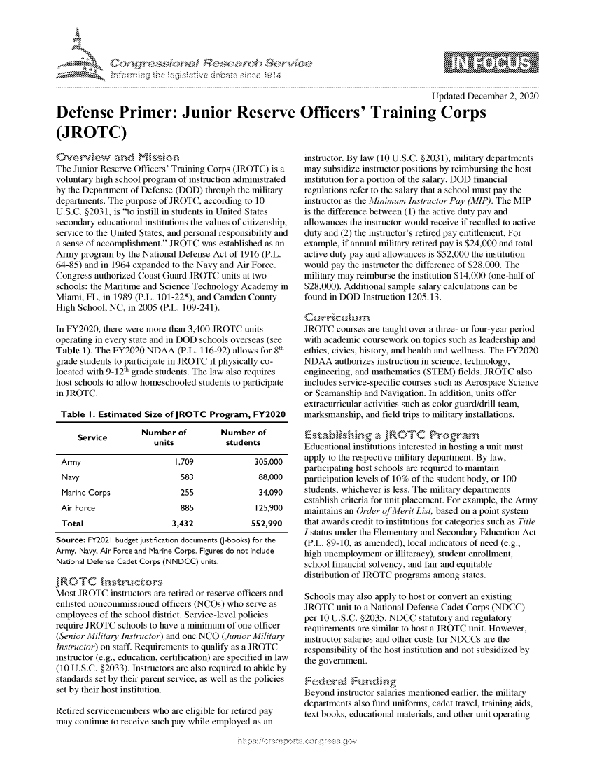 handle is hein.crs/govdcrx0001 and id is 1 raw text is: 




              *                           ~
~                     tiE>sct~rch   $3c ~
           ..................


                                                                                        Updated  December  2, 2020

Defense Primer: Junior Reserve Officers' Training Corps

(JROTC)


terv* w and Mi sion
The Junior Reserve Officers' Training Corps (JROTC) is a
voluntary high school program of instruction administrated
by the Department of Defense (DOD) through the military
departments. The purpose of JROTC, according to 10
U.S.C. §2031, is to instill in students in United States
secondary educational institutions the values of citizenship,
service to the United States, and personal responsibility and
a sense of accomplishment. JROTC was  established as an
Army  program by the National Defense Act of 1916 (P.L.
64-85) and in 1964 expanded to the Navy and Air Force.
Congress authorized Coast Guard JROTC  units at two
schools: the Maritime and Science Technology Academy in
Miami, FL, in 1989 (P.L. 101-225), and Camden County
High School, NC, in 2005 (P.L. 109-241).

In FY2020, there were more than 3,400 JROTC units
operating in every state and in DOD schools overseas (see
Table 1). The FY2020 NDAA (P.L.   116-92) allows for 8th
grade students to participate in JROTC if physically co-
located with 9-12h grade students. The law also requires
host schools to allow homeschooled students to participate
in JROTC.

Table   I. Estimated Size of JROTC  Program,   FY2020

     Service        Number   of        Number   of
                       units            students

 Army                       1,709              305,000
 Navy                        583                88,000
 Marine Corps                255                34,090
 Air Force                   885               125,900
 Total                     3,432              552,990
 Source: FY2021 budget justification documents (-books) for the
 Army, Navy, Air Force and Marine Corps. Figures do not include
 National Defense Cadet Corps (NNDCC) units.


 Most JROTC  instructors are retired or reserve officers and
 enlisted noncommissioned officers (NCOs) who serve as
 employees of the school district. Service-level policies
 require JROTC schools to have a minimum of one officer
 (Senior Military Instructor) and one NCO (Junior Military
Instructor) on staff. Requirements to qualify as a JROTC
instructor (e.g., education, certification) are specified in law
(10 U.S.C. §2033). Instructors are also required to abide by
standards set by their parent service, as well as the policies
set by their host institution.

Retired servicemembers who are eligible for retired pay
may  continue to receive such pay while employed as an


instructor. By law (10 U.S.C. §2031), military departments
may  subsidize instructor positions by reimbursing the host
institution for a portion of the salary. DOD financial
regulations refer to the salary that a school must pay the
instructor as the Minimum Instructor Pay (MIP). The MIP
is the difference between (1) the active duty pay and
allowances the instructor would receive if recalled to active
duty and (2) the instructor's retired pay entitlement. For
example, if annual military retired pay is $24,000 and total
active duty pay and allowances is $52,000 the institution
would pay the instructor the difference of $28,000. The
military may reimburse the institution $14,000 (one-half of
$28,000). Additional sample salary calculations can be
found in DOD  Instruction 1205.13.


JROTC   courses are taught over a three- or four-year period
with academic coursework on topics such as leadership and
ethics, civics, history, and health and wellness. The FY2020
NDAA   authorizes instruction in science, technology,
engineering, and mathematics (STEM) fields. JROTC also
includes service-specific courses such as Aerospace Science
or Seamanship and Navigation. In addition, units offer
extracurricular activities such as color guard/drill team,
marksmanship,  and field trips to military installations.

        Estblihig aJRO     C   rogram
Educational institutions interested in hosting a unit must
apply to the respective military department. By law,
participating host schools are required to maintain
participation levels of 10% of the student body, or 100
students, whichever is less. The military departments
establish criteria for unit placement. For example, the Army
maintains an Order of Merit List, based on a point system
that awards credit to institutions for categories such as Title
I status under the Elementary and Secondary Education Act
(P.L. 89-10, as amended), local indicators of need (e.g.,
high unemployment  or illiteracy), student enrollment,
school financial solvency, and fair and equitable
distribution of JROTC programs among states.

Schools may also apply to host or convert an existing
JROTC   unit to a National Defense Cadet Corps (NDCC)
per 10 U.S.C. §2035. NDCC  statutory and regulatory
requirements are similar to host a JROTC unit. However,
instructor salaries and other costs for NDCCs are the
responsibility of the host institution and not subsidized by
the government.


Beyond  instructor salaries mentioned earlier, the military
departments also fund uniforms, cadet travel, training aids,
text books, educational materials, and other unit operating


Mip-------------------.-,'*g-v


\n\\\\\\\\\\\\\\\ \\ \\\
        \\
  \ L \  \ 1k \ \ \ \\ \ \ Q\\  \\\   \\\


