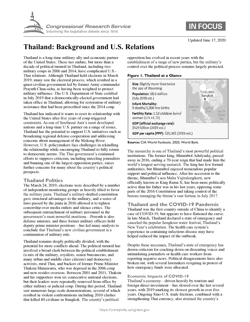 handle is hein.crs/govdozy0001 and id is 1 raw text is: 










Thailand: Background and U.S. Relations


Thailand is a long-time military ally and economic partner
of the United States. These ties endure, but more than a
decade of political turmoil in Thailand, including two
military coups in 2006 and 2014, have complicated U.S.-
Thai relations. Although Thailand held elections in March
2019, many  saw the electoral process, which resulted in a
quasi-civilian government led by former Army commander
Prayuth Chan-ocha, as having been weighted to protect
military influence. The U.S. Department of State certified
in July 2019 that a democratically-elected government had
taken office in Thailand, allowing for restoration of military
assistance that had been proscribed since the 2014 coup.
Thailand has indicated it wants to reset its relationship with
the United States after five years of coup-triggered
constraints. As one of Southeast Asia's most developed
nations and a long-time U.S. partner on a range of issues,
Thailand has the potential to support U.S. initiatives such as
broadening regional defense cooperation and addressing
concerns about management  of the Mekong River.
However,  U.S. policymakers face challenges in rekindling
the relationship while encouraging Thailand to fully return
to democratic norms. The Thai government's continued
efforts to suppress criticism, including muzzling journalists
and banning one of the largest opposition parties, raises
further concerns for many about the country's political
prospects.

Thaiand Politics
The March  24, 2019, elections were described by a number
of independent monitoring groups as heavily tilted to favor
the military junta. Thailand's military-drafted constitution
gave structural advantages to the military, and a series of
laws passed by the junta in 2016 allowed it to tighten
censorship over media outlets and silence critics. The
subsequent entrenchment of military personnel in the
government's most powerful positions-Prayuth  is also
defense minister, and three former military officers hold
deputy prime minister positions has led many analysts to
conclude that Thailand's new civilian government is a
continuation of military rule.
Thailand remains deeply politically divided, with the
potential for more conflicts ahead. The political turmoil has
involved a broad clash between the political establishment
(a mix of the military, royalists, senior bureaucrats, and
many  urban and middle class citizens) and democracy
activists, rural Thai, and backers of former Prime Minister
Thaksin Shinawatra, who was deposed  in the 2006 coup
and now resides overseas. Between 2001 and 2011, Thaksin
and his supporters won six consecutive national elections,
but their leaders were repeatedly removed from office by
either military or judicial coup. During this period, Thailand
saw numerous  large-scale demonstrations, several of which
resulted in violent confrontations including 2010 clashes
that killed 80 civilians in Bangkok. The country's political


                - mmm, go
mppm qq\
               , q
               I
aS
11LULANJILiN,

Updated   June 17, 2020


opposition has evolved in recent years with the
establishment of a range of new parties, but the military's
control over the political process remains largely protected.

Figure  I. Thailand at a Glance


Wnfant Mortaf1ity
e eth1S 1OC] 0i birh
Fert ty oatt 1_.52 chdi ,11 b,'rr /

GDP (offialI exchanlge rate):

GDP per c-apita (PPP): S2Q.365`- f219 st


Th.,frANI>.
tI rq~k


Source: CIA World Factbook, 2020, World Bank.

The monarchy  is one of Thailand's most powerful political
institutions. The former king, Bhumibol Adulyadej, passed
away  in 2016, ending a 70-year reign that had made him the
world's longest serving monarch. The king has few formal
authorities, but Bhumibol enjoyed tremendous popular
support and political influence. After his accession to the
throne, Bhumibol's son Maha Vajiralongkom,  now
officially known as King Rama X, has been more politically
active than his father was in his last years, opposing some
parts of the 2016 Constitution and taking control of the
bureau managing  the throne's vast fortune in July 2017.

Thailand and the COVD- 19 Pandemic
Thailand was the first country outside of China to identify a
case of COVID-19,  but appears to have flattened the curve.
In late March, Thailand declared a state of emergency and
canceled the popular Songkran water festival, Thailand's
New  Year's celebration. The health care system's
experience in containing infectious disease may have
helped reduced the impact of the outbreak.

Despite these successes, Thailand's state of emergency has
drawn criticism for cracking down on dissenting voices and
intimidating journalists or health care workers from
reporting negative news. Political disagreements have also
broken out, with several lawmakers resigning in protest of
how  emergency funds were allocated.

Economic impacts of COV D- 9
Thailand's economy   driven heavily by tourism and
foreign direct investment has slowed over the last several
years, with 2019 marking its slowest growth in over five
years. Ongoing Sino-U.S. trade frictions, combined with a
strengthening Thai currency, also strained the country's


hips!!-----po-----ong-ess gov


