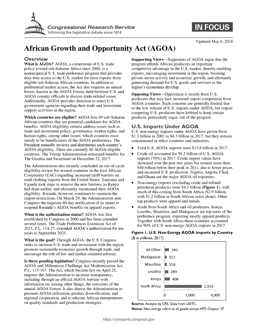 handle is hein.crs/goveavr0001 and id is 1 raw text is: 




          1r Cogrsioa Reeac Sevc





African Growth and Opportunity Act (AGOA)


Overview
What  is AGOA?   AGOA,  a cornerstone of U.S. trade
policy toward sub-Saharan Africa since 2000, is a
nonreciprocal U.S. trade preference program that provides
duty-free access to the U.S. market for most exports from
eligible sub-Saharan African countries. In addition to
preferential market access, the Act also requires an annual
forum, known as the AGOA  Forum, held between U.S. and
AGOA   country officials to discuss trade-related issues.
Additionally, AGOA  provides direction to select U.S.
government agencies regarding their trade and investment
support activities in the region.
Which  countries are eligible? AGOA lists 49 sub-Saharan
African countries that are potential candidates for AGOA
benefits. AGOA eligibility criteria address issues such as
trade and investment policy, governance, worker rights, and
human  rights, among other issues, which countries must
satisfy to be beneficiaries of the AGOA preferences. The
President annually reviews and determines each country's
AGOA   eligibility. There are currently 40 AGOA-eligible
countries. The Trump Administration reinstated benefits for
The Gambia  and Swaziland on December 22, 2017.
The Administration also recently concluded an out-of-cycle
eligibility review for several countries in the East African
Community  (EAC)  regarding increased tariff barriers on
used clothing imports from the United States. Tanzania and
Uganda  took steps to remove the new barriers, as Kenya
had done earlier, and ultimately maintained their AGOA
eligibility. Rwanda, however, continues to maintain the
import restrictions. On March 29, the Administration sent
Congress the requisite 60-day notification of its intent to
suspend Rwanda's  AGOA  benefits on apparel exports.
What  is the authorization status? AGOA was first
established by Congress in 2000 and has been amended
several times. The Trade Preferences Extension Act of
2015, P.L. 114-27, extended AGOA's authorization for ten
years to September 2025.
What  is the goal? Through AGOA, the U.S. Congress
seeks to increase U.S. trade and investment with the region,
promote sustainable economic growth through trade, and
encourage the rule of law and market-oriented reforms.
Is there pending legislation? Congress recently passed the
AGOA   and Millennium Challenge Act Modernization Act,
P.L. 115-167. The Act, which became law on April 23,
requires the Administration to increase transparency,
including through an official AGOA website with
information on, among other things, the outcomes of the
annual AGOA   Forum. It also directs the Administration to
promote AGOA   utilization, product diversification, and
regional cooperation, and to educate African entrepreneurs
on quality standards and production strategies.


Updated May  8, 2018


Supporting  Views-Supporters  of AGOA  argue that the
program affords African producers an important
competitive advantage in the U.S. market, thereby enabling
exports, encouraging investment in the region, boosting
private sector activity and economic growth, and ultimately
generating demand for U.S. goods and services as the
region's economies develop.
Opposing  Views-Opposition   is mostly from U.S.
producers that may face increased import competition from
AGOA   countries. Such concerns are generally limited due
to the low volume of U.S. imports under AGOA, but import
competing U.S. producers have lobbied to keep certain
products, particularly sugar, out of the program.

U.S.   Imports Under AGOA
U.S. non-energy imports under AGOA  have grown from
$1.3 billion in 2001 to $4.3 billion in 2017, but they remain
concentrated in select countries and industries.


0
0


Total U.S. AGOA  imports were $13.8 billion in 2017.
Crude oil accounted for $9.2 billion of U.S. AGOA
imports (70%) in 2017. Crude import values have
increased over the past two years but remain more than
$40 billion below their peak in 2011, due to lower prices
and increased U.S. production. Nigeria, Angola, Chad,
and Ghana are the major AGOA  oil exporters.


  Non-energy imports (excluding crude and refined
   petroleum products) were $4.3 billion (Figure 1), with
   much  of this coming from South Africa ($2.9 billion,
   with $1.2 billion in South African autos alone). Other
   top products were apparel and metals.
  Aside from South Africa and oil producers, Kenya,
   Lesotho, Mauritius, and Madagascar are top users of the
   preference program, exporting mostly apparel products.
   Together with South Africa these countries accounted
   for 90% of U.S. non-energy AGOA  imports in 2017.
Figure 1. U.S. Non-Energy  AGOA   Imports  by Country
($ in millions, 2017)


        Al Other     340
     Madagascar     153

       Mauritius    158
         Lesotho   1 289

         Kenya        408
     South Af                          2,932

                 0           2,000        4,000

Source: Analysis by CRS. Data from USITC.
Notes: Non-energy refers to all goods except HTS Chapter 27.


ittps://crsreports~congress.gov


