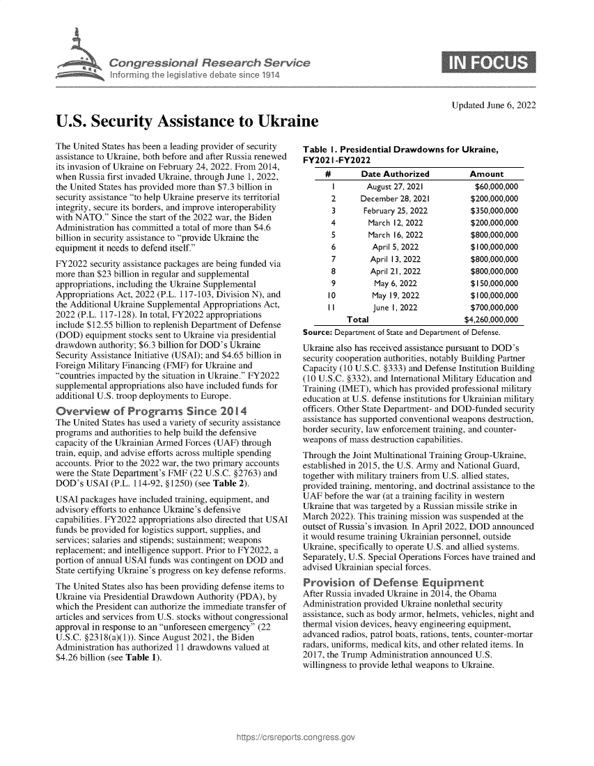 handle is hein.crs/govefxf0001 and id is 1 raw text is: nforming ii

dionaI Rese rch Service
led Ilive I Amte sin 01914

Updated June 6, 2022

U.S. Security Assistance to Ukraine

The United States has been a leading provider of security
assistance to Ukraine, both before and after Russia renewed
its invasion of Ukraine on February 24, 2022. From 2014,
when Russia first invaded Ukraine, through June 1, 2022,
the United States has provided more than $7.3 billion in
security assistance to help Ukraine preserve its territorial
integrity, secure its borders, and improve interoperability
with NATO. Since the start of the 2022 war, the Biden
Administration has committed a total of more than $4.6
billion in security assistance to provide Ukraine the
equipment it needs to defend itself.
FY2022 security assistance packages are being funded via
more than $23 billion in regular and supplemental
appropriations, including the Ukraine Supplemental
Appropriations Act, 2022 (P.L. 117-103, Division N), and
the Additional Ukraine Supplemental Appropriations Act,
2022 (P.L. 117-128). In total, FY2022 appropriations
include $12.55 billion to replenish Department of Defense
(DOD) equipment stocks sent to Ukraine via presidential
drawdown authority; $6.3 billion for DOD's Ukraine
Security Assistance Initiative (USAI); and $4.65 billion in
Foreign Military Financing (FMF) for Ukraine and
countries impacted by the situation in Ukraine. FY2022
supplemental appropriations also have included funds for
additional U.S. troop deployments to Europe.
Overview of Programs Since 2014
The United States has used a variety of security assistance
programs and authorities to help build the defensive
capacity of the Ukrainian Armed Forces (UAF) through
train, equip, and advise efforts across multiple spending
accounts. Prior to the 2022 war, the two primary accounts
were the State Department's FMF (22 U.S.C. §2763) and
DOD's USAI (P.L. 114-92, §1250) (see Table 2).
USAI packages have included training, equipment, and
advisory efforts to enhance Ukraine's defensive
capabilities. FY2022 appropriations also directed that USAI
funds be provided for logistics support, supplies, and
services; salaries and stipends; sustainment; weapons
replacement; and intelligence support. Prior to FY2022, a
portion of annual USAI funds was contingent on DOD and
State certifying Ukraine's progress on key defense reforms.
The United States also has been providing defense items to
Ukraine via Presidential Drawdown Authority (PDA), by
which the President can authorize the immediate transfer of
articles and services from U.S. stocks without congressional
approval in response to an unforeseen emergency (22
U.S.C. §2318(a)(1)). Since August 2021, the Biden
Administration has authorized 11 drawdowns valued at
$4.26 billion (see Table 1).

Table 1. Presidential Drawdowns for Ukraine,
FY2021 -FY2022
#       Date Authorized         Amount
I       August 27, 2021         $60,000,000
2      December 28, 2021       $200,000,000
3      February 25, 2022       $350,000,000
4       March 12, 2022         $200,000,000
5       March 16, 2022         $800,000,000
6        April 5, 2022         $100,000,000
7        April 13, 2022        $800,000,000
8        April 21, 2022        $800,000,000
9         May 6, 2022          $150,000,000
10        May 19, 2022          $100,000,000
II        June 1, 2022          $700,000,000
Total                     $4,260,000,000
Source: Department of State and Department of Defense.
Ukraine also has received assistance pursuant to DOD's
security cooperation authorities, notably Building Partner
Capacity (10 U.S.C. §333) and Defense Institution Building
(10 U.S.C. §332), and International Military Education and
Training (IMET), which has provided professional military
education at U.S. defense institutions for Ukrainian military
officers. Other State Department- and DOD-funded security
assistance has supported conventional weapons destruction,
border security, law enforcement training, and counter-
weapons of mass destruction capabilities.
Through the Joint Multinational Training Group-Ukraine,
established in 2015, the U.S. Army and National Guard,
together with military trainers from U.S. allied states,
provided training, mentoring, and doctrinal assistance to the
UAF before the war (at a training facility in western
Ukraine that was targeted by a Russian missile strike in
March 2022). This training mission was suspended at the
outset of Russia's invasion. In April 2022, DOD announced
it would resume training Ukrainian personnel, outside
Ukraine, specifically to operate U.S. and allied systems.
Separately, U.S. Special Operations Forces have trained and
advised Ukrainian special forces.
Provision of Defense Equipmnent
After Russia invaded Ukraine in 2014, the Obama
Administration provided Ukraine nonlethal security
assistance, such as body armor, helmets, vehicles, night and
thermal vision devices, heavy engineering equipment,
advanced radios, patrol boats, rations, tents, counter-mortar
radars, uniforms, medical kits, and other related items. In
2017, the Trump Administration announced U.S.
willingness to provide lethal weapons to Ukraine.


