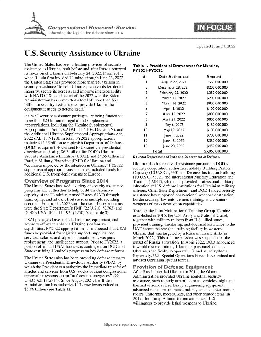 handle is hein.crs/goveiew0001 and id is 1 raw text is: Congressional Research Service
Informing the legislitive debate since 1914
U.S. Security Assistance to Ukraine

Updated June 24, 2022

The United States has been a leading provider of security
assistance to Ukraine, both before and after Russia renewed
its invasion of Ukraine on February 24, 2022. From 2014,
when Russia first invaded Ukraine, through June 23, 2022,
the United States has provided more than $8.7 billion in
security assistance to help Ukraine preserve its territorial
integrity, secure its borders, and improve interoperability
with NATO. Since the start of the 2022 war, the Biden
Administration has committed a total of more than $6.1
billion in security assistance to provide Ukraine the
equipment it needs to defend itself.
FY2022 security assistance packages are being funded via
more than $23 billion in regular and supplemental
appropriations, including the Ukraine Supplemental
Appropriations Act, 2022 (P.L. 117-103, Division N), and
the Additional Ukraine Supplemental Appropriations Act,
2022 (P.L. 117-128). In total, FY2022 appropriations
include $12.55 billion to replenish Department of Defense
(DOD) equipment stocks sent to Ukraine via presidential
drawdown authority; $6.3 billion for DOD's Ukraine
Security Assistance Initiative (USAI); and $4.65 billion in
Foreign Military Financing (FMF) for Ukraine and
countries impacted by the situation in Ukraine. FY2022
supplemental appropriations also have included funds for
additional U.S. troop deployments to Europe.
Overview of Programs Since 2014
The United States has used a variety of security assistance
programs and authorities to help build the defensive
capacity of the Ukrainian Armed Forces (UAF) through
train, equip, and advise efforts across multiple spending
accounts. Prior to the 2022 war, the two primary accounts
were the State Department's FMF (22 U.S.C. §2763) and
DOD's USAI (P.L. 114-92, §1250) (see Table 2).
USAI packages have included training, equipment, and
advisory efforts to enhance Ukraine's defensive
capabilities. FY2022 appropriations also directed that USAI
funds be provided for logistics support, supplies, and
services; salaries and stipends; sustainment; weapons
replacement; and intelligence support. Prior to FY2022, a
portion of annual USAI funds was contingent on DOD and
State certifying Ukraine's progress on key defense reforms.
The United States also has been providing defense items to
Ukraine via Presidential Drawdown Authority (PDA), by
which the President can authorize the immediate transfer of
articles and services from U.S. stocks without congressional
approval in response to an unforeseen emergency (22
U.S.C. §2318(a)(1)). Since August 2021, the Biden
Administration has authorized 13 drawdowns valued at
$5.06 billion (see Table 1).

Table 1. Presidential Drawdowns for Ukraine,
FY2021 -FY2022

#       Date Authorized
I       August 27, 2021
2      December 28, 2021
3      February 25, 2022

4
5
6
7
8
9
10
I I
12
13

March 12, 2022
March 16, 2022
April 5, 2022
April 13, 2022
April 21, 2022
May 6, 2022
May 19, 2022
June 1, 2022
June 15, 2022
June 23, 2022
Total

Amount
$60,000,000
$200,000,000
$350,000,000
$200,000,000
$800,000,000
$100,000,000
$800,000,000
$800,000,000
$150,000,000
$100,000,000
$700,000,000
$350,000,000
$450,000,000
$5,060,000,000

Source: Department of State and Department of Defense.
Ukraine also has received assistance pursuant to DOD's
security cooperation authorities, notably Building Partner
Capacity (10 U.S.C. §333) and Defense Institution Building
(10 U.S.C. §332), and International Military Education and
Training (IMET), which has provided professional military
education at U.S. defense institutions for Ukrainian military
officers. Other State Department- and DOD-funded security
assistance has supported conventional weapons destruction,
border security, law enforcement training, and counter-
weapons of mass destruction capabilities.
Through the Joint Multinational Training Group-Ukraine,
established in 2015, the U.S. Army and National Guard,
together with military trainers from U.S. allied states,
provided training, mentoring, and doctrinal assistance to the
UAF before the war (at a training facility in western
Ukraine that was targeted by a Russian missile strike in
March 2022). This training mission was suspended at the
outset of Russia's invasion. In April 2022, DOD announced
it would resume training Ukrainian personnel, outside
Ukraine, specifically to operate U.S. and allied systems.
Separately, U.S. Special Operations Forces have trained and
advised Ukrainian special forces.
Provision of Defense Equipment
After Russia invaded Ukraine in 2014, the Obama
Administration provided Ukraine nonlethal security
assistance, such as body armor, helmets, vehicles, night and
thermal vision devices, heavy engineering equipment,
advanced radios, patrol boats, rations, tents, counter-mortar
radars, uniforms, medical kits, and other related items. In
2017, the Trump Administration announced U.S.
willingness to provide lethal weapons to Ukraine.


