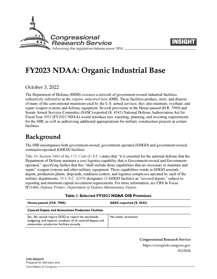 handle is hein.crs/goveizk0001 and id is 1 raw text is: Congressional                                                      ____
~ Research Service
FY2023 NDAA: Organic Industrial Base
October 3, 2022
The Department of Defense (DOD) oversees a network of government-owned industrial facilities
collectively referred to as the organic industrial base (OIB). These facilities produce, store, and dispose
of many of the conventional munitions used by the U.S. armed services; they also maintain, overhaul, and
repair weapon systems and defense equipment. Several provisions in the House-passed (H.R. 7900) and
Senate Armed Services Committee (SASC)-reported (S. 4543) National Defense Authorization Act for
Fiscal Year 2023 (FY2023 NDAA) would introduce new reporting, planning, and investing requirements
for the OIB, as well as authorizing additional appropriations for military construction projects at certain
facilities.
Background
The OIB encompasses both government-owned, government operated (GOGO) and government-owned,
contractor-operated (GOCO) facilities.
Title 10, Section 2464 of the US. Code (U.S.C.) states that it is essential for the national defense that the
Department of Defense maintain a core logistics capability that is Government-owned and Government-
operated, specifying further that this shall include those capabilities that are necessary to maintain and
repair weapon systems and other military equipment. These capabilities reside in GOGO arsenals,
depots, production plants, shipyards, readiness centers, and logistics complexes operated by each of the
military departments; 10 U.S.C. §2476 designates 21 GOGO facilities as covered depots, subject to
reporting and minimum capital investment requirements. For more information, see CRS In Focus
IF 11466, Defense Primer: Department of Defense Maintenance Depots.
Table I. Selected FY2023 NDAA OB Provisions
House-passed (H.R. 7900)                      SASC-reported (S. 4543)
Covered Depots and Ammunition Production Facilities
Sec. 361 would require DOD to report the workloads, No similar provisions
budgeting, and material condition of all covered depots and
ammunition production facilities annually.
Congressional Research Service
https://crsreports.congress.gov
IN12026
CRS INSIGHT
Prepared for Members and
Committees of Congress


