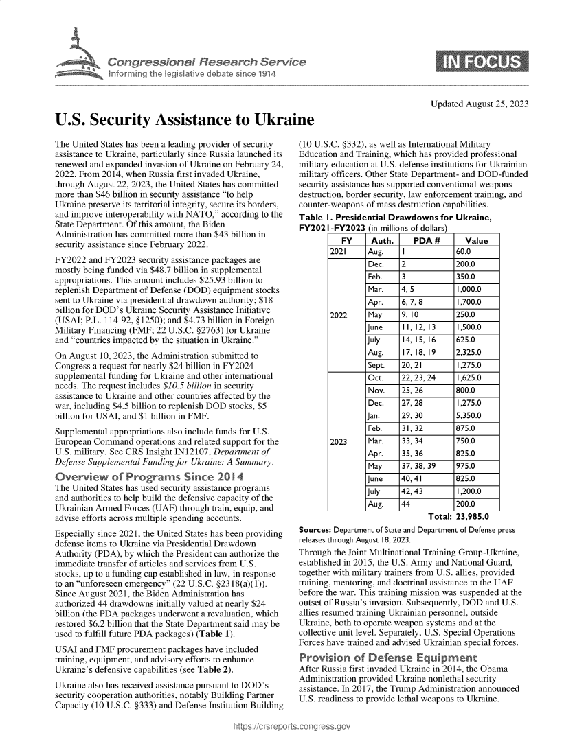 handle is hein.crs/govemqm0001 and id is 1 raw text is: 





             Congressional Research Service
             Informing th legisIative deate sin co 1914




U.S. Security Assistance to Ukraine


Updated August  25, 2023


The United States has been a leading provider of security
assistance to Ukraine, particularly since Russia launched its
renewed and expanded  invasion of Ukraine on February 24,
2022. From 2014, when  Russia first invaded Ukraine,
through August 22, 2023, the United States has committed
more than $46 billion in security assistance to help
Ukraine preserve its territorial integrity, secure its borders,
and improve interoperability with NATO, according to the
State Department. Of this amount, the Biden
Administration has committed more than $43 billion in
security assistance since February 2022.
FY2022  and FY2023  security assistance packages are
mostly being funded via $48.7 billion in supplemental
appropriations. This amount includes $25.93 billion to
replenish Department of Defense (DOD) equipment stocks
sent to Ukraine via presidential drawdown authority; $18
billion for DOD's Ukraine Security Assistance Initiative
(USAI; P.L. 114-92, §1250); and $4.73 billion in Foreign
Military Financing (FMF; 22 U.S.C. §2763) for Ukraine
and countries impacted by the situation in Ukraine.
On August  10, 2023, the Administration submitted to
Congress a request for nearly $24 billion in FY2024
supplemental funding for Ukraine and other international
needs. The request includes $10.5 billion in security
assistance to Ukraine and other countries affected by the
war, including $4.5 billion to replenish DOD stocks, $5
billion for USAI, and $1 billion in FMF.
Supplemental appropriations also include funds for U.S.
European Command   operations and related support for the
U.S. military. See CRS Insight IN12107, Department of
Defense Supplemental Funding for Ukraine: A Summary.
Overvkew of Programs Since 2014
The United States has used security assistance programs
and authorities to help build the defensive capacity of the
Ukrainian Armed  Forces (UAF) through train, equip, and
advise efforts across multiple spending accounts.
Especially since 2021, the United States has been providing
defense items to Ukraine via Presidential Drawdown
Authority (PDA), by which the President can authorize the
immediate transfer of articles and services from U.S.
stocks, up to a funding cap established in law, in response
to an unforeseen emergency (22 U.S.C. §2318(a)(1)).
Since August 2021, the Biden Administration has
authorized 44 drawdowns initially valued at nearly $24
billion (the PDA packages underwent a revaluation, which
restored $6.2 billion that the State Department said may be
used to fulfill future PDA packages) (Table 1).
USAI  and FMF  procurement packages have included
training, equipment, and advisory efforts to enhance
Ukraine's defensive capabilities (see Table 2).
Ukraine also has received assistance pursuant to DOD's
security cooperation authorities, notably Building Partner
Capacity (10 U.S.C. §333) and Defense Institution Building


(10 U.S.C. §332), as well as International Military
Education and Training, which has provided professional
military education at U.S. defense institutions for Ukrainian
military officers. Other State Department- and DOD-funded
security assistance has supported conventional weapons
destruction, border security, law enforcement training, and
counter-weapons of mass destruction capabilities.
Table  I. Presidential Drawdowns  for Ukraine,
FY202  I -FY2023 (in millions of dollars)
          FY     Auth.      PDA  #      Value
        2021     Aug.    I            60.0
                 Dec.    2            200.0
                 Feb.    3            350.0
                 Mar.    4, 5         1,000.0
                 Apr.    6, 7, 8      1,700.0
        2022     May     9, 10        250.0
                June     11, 12, 13   1,500.0
                July     14, 15, 16   625.0
                Aug.     17, 18, 19   2,325.0
                Sept.    20, 21       1,275.0
                Oct.     22, 23, 24   1,625.0
                Nov.     25, 26       800.0
                Dec.     27, 28       1,275.0
                Jan.     29, 30       5,350.0
                Feb.     31, 32       875.0
        2023     Mar.    33, 34       750.0
                 Apr.    35, 36       825.0
                 May     37, 38, 39   975.0
                 June    40, 41       825.0
                 July    42, 43       1,200.0
                 Aug.    44           200.0
                               Total: 23,985.0
Sources: Department of State and Department of Defense press
releases through August 18, 2023.
Through  the Joint Multinational Training Group-Ukraine,
established in 2015, the U.S. Army and National Guard,
together with military trainers from U.S. allies, provided
training, mentoring, and doctrinal assistance to the UAF
before the war. This training mission was suspended at the
outset of Russia's invasion. Subsequently, DOD and U.S.
allies resumed training Ukrainian personnel, outside
Ukraine, both to operate weapon systems and at the
collective unit level. Separately, U.S. Special Operations
Forces have trained and advised Ukrainian special forces.
Provision of Defense Equipment
After Russia first invaded Ukraine in 2014, the Obama
Administration provided Ukraine nonlethal security
assistance. In 2017, the Trump Administration announced
U.S. readiness to provide lethal weapons to Ukraine.


