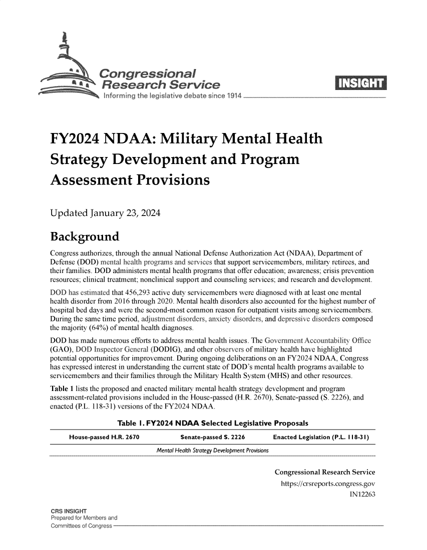 handle is hein.crs/goveobw0001 and id is 1 raw text is: 







             Congressional                                                   ____
          ~   Research Service






FY2024 NDAA: Military Mental Health

Strategy Development and Program

Assessment Provisions



Updated January 23, 2024


Background

Congress authorizes, through the annual National Defense Authorization Act (NDAA), Department of
Defense (DOD) mental health programs and services that support servicemembers, military retirees, and
their families. DOD administers mental health programs that offer education; awareness; crisis prevention
resources; clinical treatment; nonclinical support and counseling services; and research and development.
DOD  has estimated that 456,293 active duty servicemembers were diagnosed with at least one mental
health disorder from 2016 through 2020. Mental health disorders also accounted for the highest number of
hospital bed days and were the second-most common reason for outpatient visits among servicemembers.
During the same time period, adjustment disorders, anxiety disorders, and depressive disorders composed
the majority (64%) of mental health diagnoses.
DOD  has made numerous efforts to address mental health issues. The Government Accountability Office
(GAO), DOD  Inspector General (DODIG), and other observers of military health have highlighted
potential opportunities for improvement. During ongoing deliberations on an FY2024 NDAA, Congress
has expressed interest in understanding the current state of DOD's mental health programs available to
servicemembers and their families through the Military Health System (MHS) and other resources.
Table 1 lists the proposed and enacted military mental health strategy development and program
assessment-related provisions included in the House-passed (H.R. 2670), Senate-passed (S. 2226), and
enacted (P.L. 118-31) versions of the FY2024 NDAA.

                  Table I. FY2024 NDAA   Selected Legislative Proposals
     House-passed H.R. 2670        Senate-passed S. 2226    Enacted Legislation (P.L. 118-31)
                             Mental Health Strategy Development Provisions


                                                             Congressional Research Service
                                                             https://crsreports.congress.gov
                                                                                 IN12263

CRS INSIGHT
Prepared for Members and
Committees of Congress


