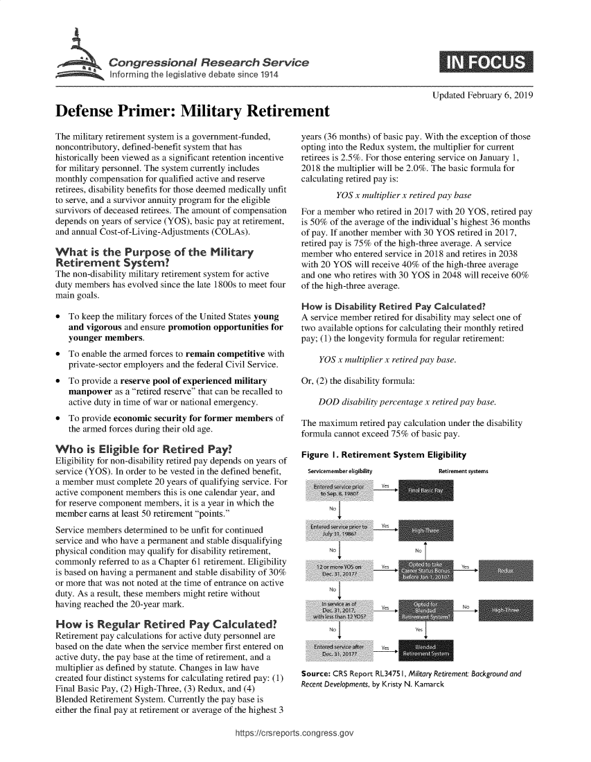 handle is hein.crs/govxzn0001 and id is 1 raw text is: 




           'Con   gressional Research Service
D     ene Pinrirthe ilitave debatet i r



Defense Primer: Military Retirement


Updated February 6, 2019


The military retirement system is a government-funded,
noncontributory, defined-benefit system that has
historically been viewed as a significant retention incentive
for military personnel. The system currently includes
monthly compensation for qualified active and reserve
retirees, disability benefits for those deemed medically unfit
to serve, and a survivor annuity program for the eligible
survivors of deceased retirees. The amount of compensation
depends on years of service (YOS), basic pay at retirement,
and annual Cost-of-Living-Adjustments (COLAs).

What is the Purpose of the Military
Retirement System?
The non-disability military retirement system for active
duty members has evolved since the late 1800s to meet four
main goals.

*  To keep the military forces of the United States young
   and vigorous and ensure promotion opportunities for
   younger  members.
*  To enable the armed forces to remain competitive with
   private-sector employers and the federal Civil Service.
*  To provide a reserve pool of experienced military
   manpower   as a retired reserve that can be recalled to
   active duty in time of war or national emergency.
*  To provide economic security for former members  of
   the armed forces during their old age.

Who is Eligible for Retired Pay?
Eligibility for non-disability retired pay depends on years of
service (YOS). In order to be vested in the defined benefit,
a member  must complete 20 years of qualifying service. For
active component members this is one calendar year, and
for reserve component members, it is a year in which the
member  earns at least 50 retirement points.
Service members determined to be unfit for continued
service and who have a permanent and stable disqualifying
physical condition may qualify for disability retirement,
commonly  referred to as a Chapter 61 retirement. Eligibility
is based on having a permanent and stable disability of 30%
or more that was not noted at the time of entrance on active
duty. As a result, these members might retire without
having reached the 20-year mark.

How is Regular Retired Pay Calculated?
Retirement pay calculations for active duty personnel are
based on the date when the service member first entered on
active duty, the pay base at the time of retirement, and a
multiplier as defined by statute. Changes in law have
created four distinct systems for calculating retired pay: (1)
Final Basic Pay, (2) High-Three, (3) Redux, and (4)
Blended Retirement System. Currently the pay base is
either the final pay at retirement or average of the highest 3


years (36 months) of basic pay. With the exception of those
opting into the Redux system, the multiplier for current
retirees is 2.5%. For those entering service on January 1,
2018 the multiplier will be 2.0%. The basic formula for
calculating retired pay is:
        YOS  x multiplier x retired pay base
For a member who  retired in 2017 with 20 YOS, retired pay
is 50% of the average of the individual's highest 36 months
of pay. If another member with 30 YOS retired in 2017,
retired pay is 75% of the high-three average. A service
member  who entered service in 2018 and retires in 2038
with 20 YOS  will receive 40% of the high-three average
and one who retires with 30 YOS in 2048 will receive 60%
of the high-three average.

How   is Disability Retired Pay Calculated?
A service member retired for disability may select one of
two available options for calculating their monthly retired
pay; (1) the longevity formula for regular retirement:

    YOS  x multiplier x retired pay base.

Or, (2) the disability formula:

    DOD   disability percentage x retired pay base.

The maximum   retired pay calculation under the disability
formula cannot exceed 75% of basic pay.

Figure I. Retirement  System  Eligibility


Servicemember eligibility


No

dy 3A.
No

C. 31

No[ic


Retirement systems


Yes


NoT


Yes



No


Yes


- el


Source: CRS Report RL3475 1, Military Retirement: Background and
Recent Developments, by Kristy N. Kamarck


https://c~sreports~corigress~go,


