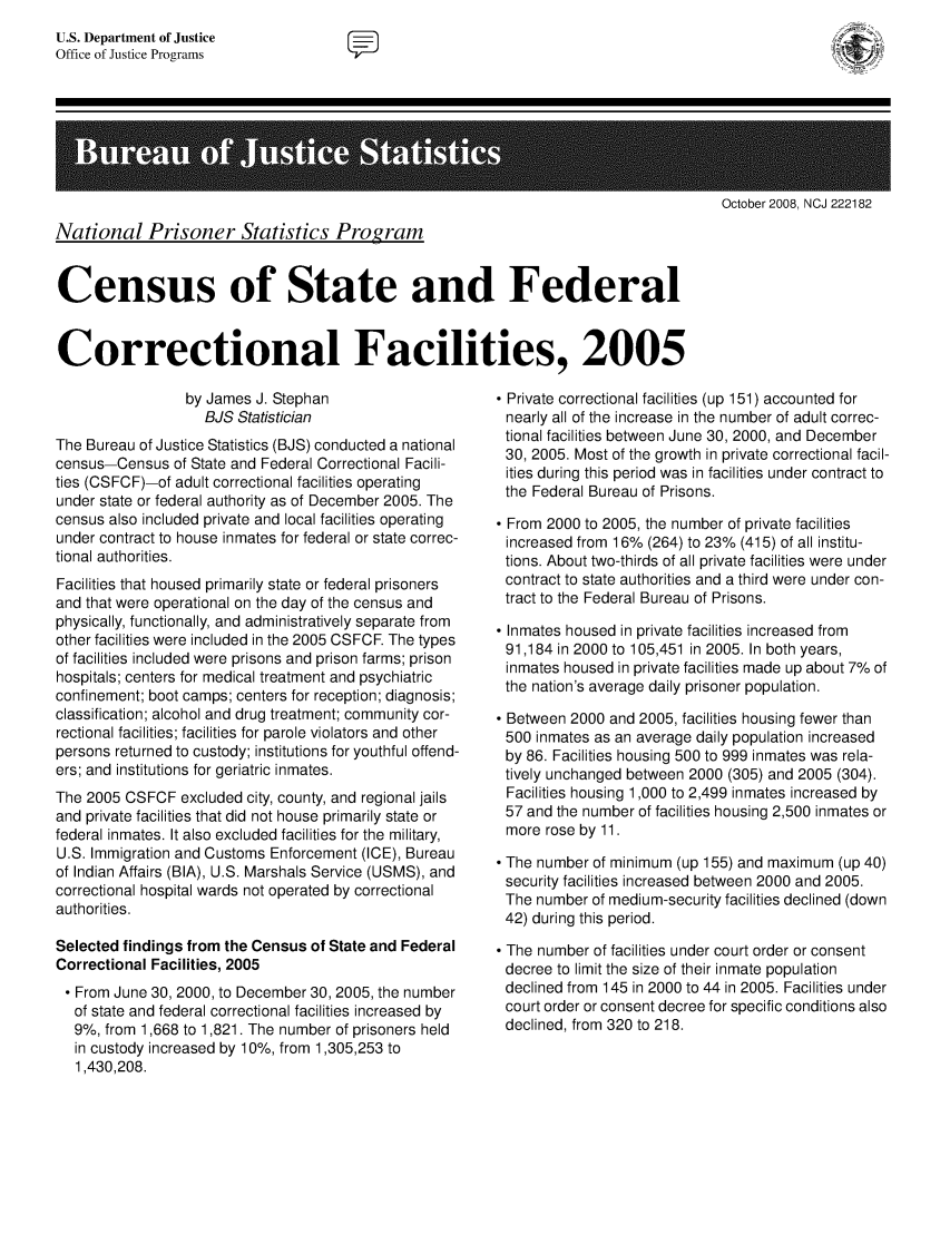 handle is hein.death/csfcf0004 and id is 1 raw text is: U.S. Department of Justice
Office of Justice Programs

October 2008, NCJ 222182

National Prisoner Statistics Pro2ran

Census of State and Federal
Correctional Facilities, 2005

by James J. Stephan
BJS Statistician
The Bureau of Justice Statistics (BJS) conducted a national
census-Census of State and Federal Correctional Facili-
ties (CSFCF)-of adult correctional facilities operating
under state or federal authority as of December 2005. The
census also included private and local facilities operating
under contract to house inmates for federal or state correc-
tional authorities.
Facilities that housed primarily state or federal prisoners
and that were operational on the day of the census and
physically, functionally, and administratively separate from
other facilities were included in the 2005 CSFCF. The types
of facilities included were prisons and prison farms; prison
hospitals; centers for medical treatment and psychiatric
confinement; boot camps; centers for reception; diagnosis;
classification; alcohol and drug treatment; community cor-
rectional facilities; facilities for parole violators and other
persons returned to custody; institutions for youthful offend-
ers; and institutions for geriatric inmates.
The 2005 CSFCF excluded city, county, and regional jails
and private facilities that did not house primarily state or
federal inmates. It also excluded facilities for the military,
U.S. Immigration and Customs Enforcement (ICE), Bureau
of Indian Affairs (BIA), U.S. Marshals Service (USMS), and
correctional hospital wards not operated by correctional
authorities.
Selected findings from the Census of State and Federal
Correctional Facilities, 2005
- From June 30, 2000, to December 30, 2005, the number
of state and federal correctional facilities increased by
9%, from 1,668 to 1,821. The number of prisoners held
in custody increased by 10%, from 1,305,253 to
1,430,208.

 Private correctional facilities (up 151) accounted for
nearly all of the increase in the number of adult correc-
tional facilities between June 30, 2000, and December
30, 2005. Most of the growth in private correctional facil-
ities during this period was in facilities under contract to
the Federal Bureau of Prisons.
 From 2000 to 2005, the number of private facilities
increased from 16% (264) to 23% (415) of all institu-
tions. About two-thirds of all private facilities were under
contract to state authorities and a third were under con-
tract to the Federal Bureau of Prisons.
 Inmates housed in private facilities increased from
91,184 in 2000 to 105,451 in 2005. In both years,
inmates housed in private facilities made up about 7% of
the nation's average daily prisoner population.
 Between 2000 and 2005, facilities housing fewer than
500 inmates as an average daily population increased
by 86. Facilities housing 500 to 999 inmates was rela-
tively unchanged between 2000 (305) and 2005 (304).
Facilities housing 1,000 to 2,499 inmates increased by
57 and the number of facilities housing 2,500 inmates or
more rose by 11.
 The number of minimum (up 155) and maximum (up 40)
security facilities increased between 2000 and 2005.
The number of medium-security facilities declined (down
42) during this period.
 The number of facilities under court order or consent
decree to limit the size of their inmate population
declined from 145 in 2000 to 44 in 2005. Facilities under
court order or consent decree for specific conditions also
declined, from 320 to 218.


