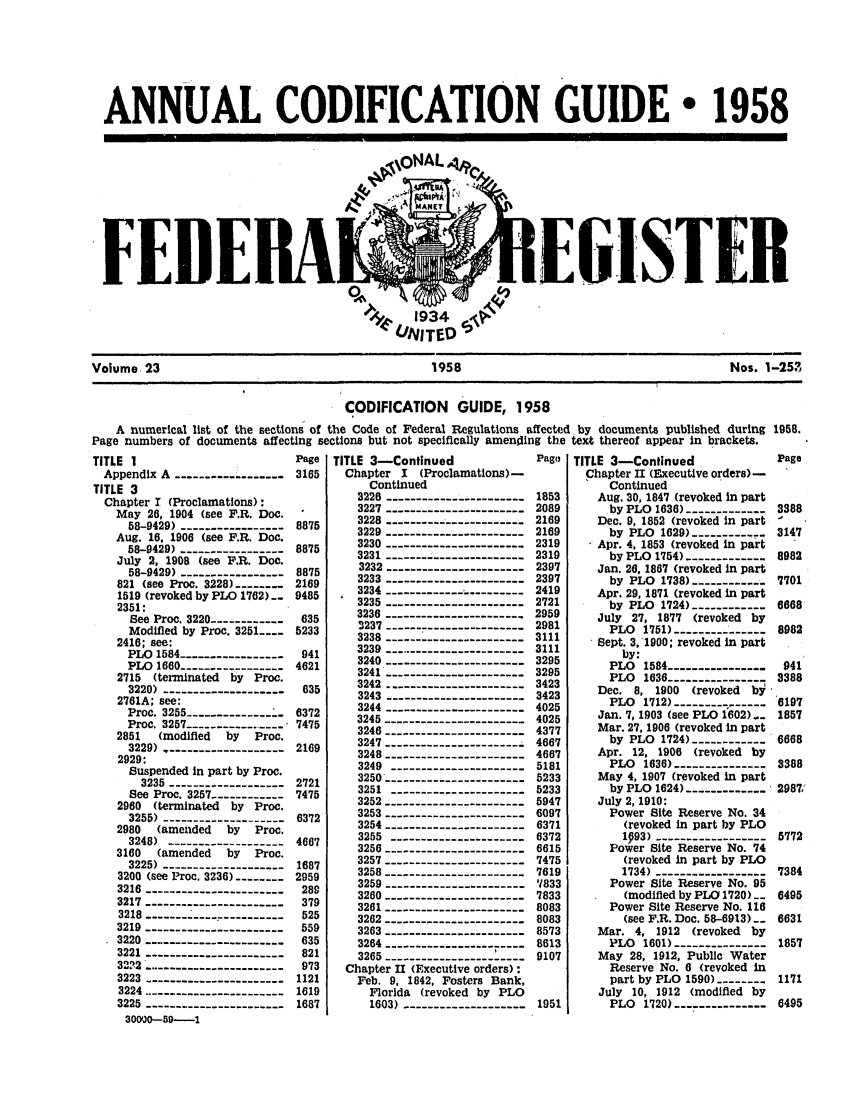handle is hein.fedreg/asa23 and id is 1 raw text is: ANNUAL CODIFICATION GUIDE* 1958

EIE

Volume 23                                             1958                                            Nos. 1-25Z
CODIFICATION      GUIDE, 1958
A numerical list of the sections of the Code of Federal Regulations affected by documents published during 1958.
Page numbers of documents affecting sections but not specifically ameniling the text thereof appear in brackets.

TITLE 1
Appendix A .......... -......
TITLE 3
Chapter . (Proclamations):
May 26, 1904 (see P.R. Doc.
58-9429) ----------------
Aug. 16, 1906 (see P.R. Doc.
58-9429) ----------------
July 2, 1908 (see P.R. Doc.
58-9429)...............
821 (see Proc. 3228) --------
1519 (revoked by PLO 1762)__
2351:
See Proc. 3220 ...........
Modified by Proe. 3251 ....
2416; see:
PLO 1584 ................
PLO  1680 -----------------
2715 (terminated by Proc.
3220)
2761A; see:
Proc. 3255 ----------------
Proc. 3257
2851  (modified  by   Proc.
3229)  --------------------
2929:
Suspended in part by Proc.
3235  -------------------
See  Proc. 3257 ------------
2980 (terminated by Proc.
3255)  ---------------------
2980  (amended   by   Proc.
3248).................
3160  (amended   by   Proc.
3225)  --------------------
3200 (see Proc. 3236) --------
3216  -----------------------
3217  .......................
3218  .......    ----------
3219  -----------------------
3220 ......................
3221  -----------------------
3222 - .......................
3223  -----------------------
3224  ........
3225 ......................
30000-59-1

Page
3165
8875
8875
8875
2169
9485
635
5233
941
4621
635
6372
7475
2169
2721
7475
6372
4667
1687
2959
289
379
525
559
635
821
973
1121
1619
1687

TITLE 3-Continued
Chapter I (Proclamations)-
Continued
3226
3227  ----------..--------...
3228  .........    ---------
3229  -----------------------
3230  -----------------------
3231  -----------------------
3232
3233  -----------------------
3234
3235  -----------------------
3236  -----------------------
3237  -----------------------
3238
3239
3240  -----------------------
3241    ......................
3242  .......................
3243
3244  -----------------------
3245
3246
3247
3248
3249
32 50 -
3251
3252
3253
3254
3255
3256
3257
3258
3259
3260
3261
3262
3263
3264
3265 --
Chapter Hr (Executive orders):
Feb. 9, 1842, Fosters Bank,
Florida (revoked by PLO
1603)

Pago
1853
2089
2169
2169
2319
2319
2397
2397
2419
2721
2959
2981
3111
3111
3295
3295
3423
3423
4025
4025
4377
4667
4667
5181
5233
5233
5947
6097
6371
6372
6615
7475
7619
'1833
7833
8083
8083
8573
8613
9107
1951

TITLE 3-Continued
Chapter 31 (Executive orders)-
Continued
Aug. 30, 1847 (revoked in part
by PLO 1636)
Dec. 9, 1852 (revoked in part
by PLO 1829) -       -
- Apr. 4, 1853 (revoked in part
by PLO 1754) ----------
Jan. 26, 1867 (revoked in part
by PLO 1738) .......... :-
Apr. 29, 1871 (revoked in part
by PLO 1724) ------------
July 27, 1877 (revoked by
PLO  1751) ...............
Sept. 3,1900; revoked in part
by:
PLO  1584 ----------------
PLO  1636 ----------------
Dec. 8, 1900 (revoked bi
PLO 1712) --------------
Jan. 7, 1903 (see PLO 1802),.
Mar. 27, 1906 (revoked in part
by  PLO  1724) ------------
Apr. 12, 1906 (revoked by
PLO 1636)
May 4, 1907 (revoked in part
by PLO 1624) .............
July 2, 1910:
Power Site Reserve No. 34
(revoked in part by PLO
1993)
Power Site Reserve No. 74
(revoked in part by PLO
1734)
Power Site Reserve No. 95
(modified by PLO 1720) --
Power Site Reserve No. 116
(see F.R. Doc. 58-6913)_.
Mar. 4, 1912 (revoked by
PLO 1601)
May 28, 1912, Public Water
Reserve No. 6 (revoked in
part by PLO 1590) --------
July 10, 1912 (modified by
PLO 1720) ..............

Page
3388
3147
8982
7701
6668
8982
941
3388
6197
1857
6668
3388
2987/
5772
7384
6495
6631
1857
1171
6495


