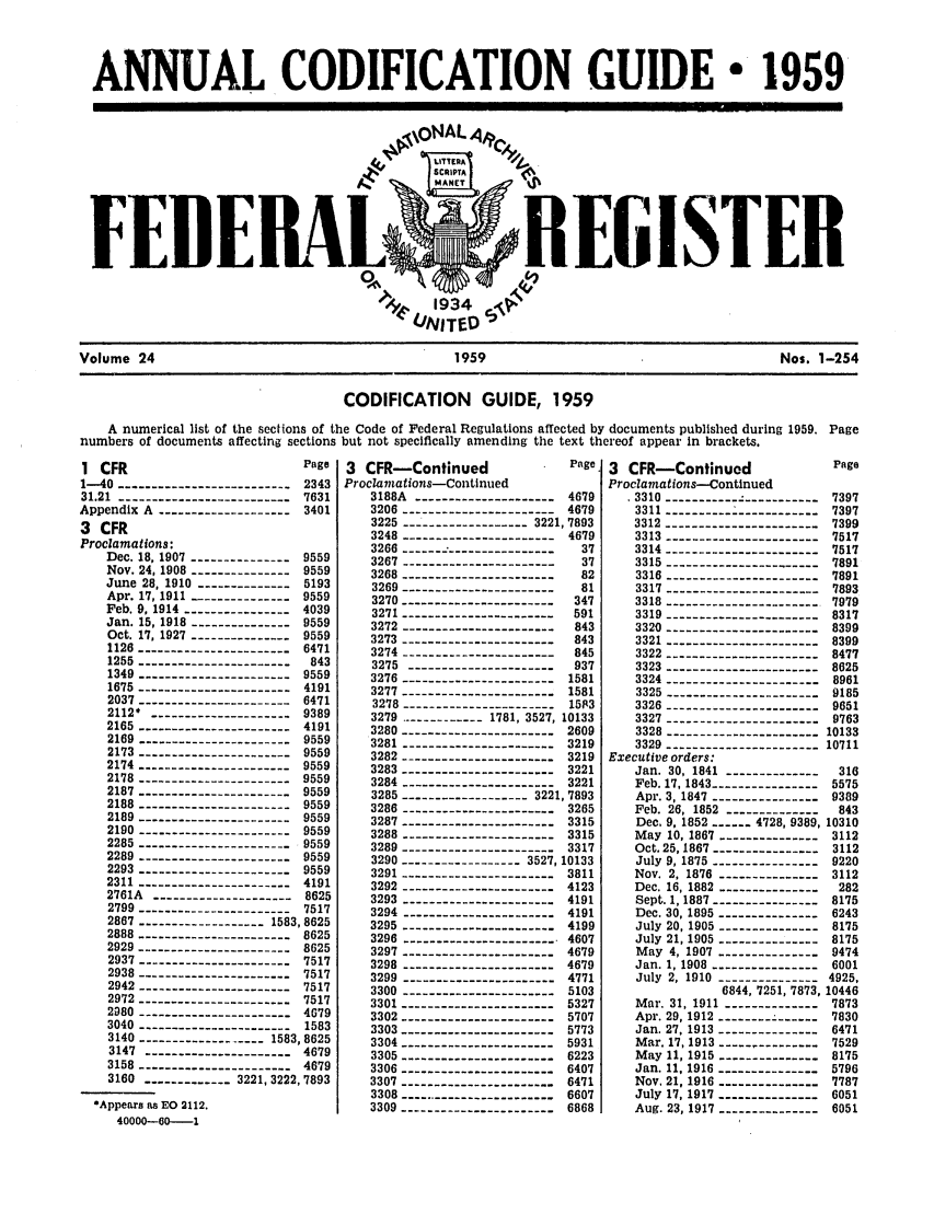 handle is hein.fedreg/asa24 and id is 1 raw text is: ANNUAL CODIFICATION GUIDE- 1959

FLUE

IGISTEII

Volume 24                                            1959                                           Nos. 1-254
CODIFICATION        GUIDE, 1959
A numerical list of the sections of the Code of Federal Regulations affected by documents published during 1959. Page
numbers of documents affecting sections but not specifically amending the text thereof appear in brackets.

1 CFR                          Page
1-40 ------------------------ 2343
31.21 ------------------------- 7631
Appendix A ------------------- 3401
3 CFR
Proclamations:
Dec. 18, 1907              9559
Nov. 24, 1908 ---------------9559
June 28, 1910 --------------5193
Apr. 17, 1911              9559
Feb. 9, 1914 ---------------- 4039
Jan. 15, 1918 --------------- 9559
Oct. 17, 1927 --------------- 9559
1126 ---------------------- 6471
1255 ---------------------- 843
1349 ---------------------- 9559
1675 ---------------------- 4191
2037 ---------------------- 6471
2112 .--------------------- 9389
2165 ---------------------- 4191
2169 ---------------------- 9559
2173 ----------------------9559
2174 ---------------------- 9559
2178 ---------------------- 9559
2187 ---------------------- 9559
2188 ---------------------- 9559
2189 ---------------------- 9559
2190 ---------------------- 9559
2285 ---------------------- 9559
2289 ---------------------- 9559
2293 ---------------------- 9559
2311 ---------------------- 4191
2761A --------------------- 8625
2799 ---------------------- 7517
2867 ------------------ 1583,8625
2888 ---------------------- 8625
2929 ---------------------- 8625
2937 ---------------------- 7517
2938 ---------------------- 7517
2942 ---------------------- 7517
2972 ---------------------- 7517
2080 ---------------------- 4679
3040 ---------------------- 1583
3140 ------------------ 1583,8625
3147 --------------------- 4679
3158 ---------------------- 4679
3160 ------------- 3221,3222,7893
*Appears as EO 2112.
40000--601----

3 CFR-Continued                 Page
Proclamations-Continued
3188A -------------------- 4679
3206 ----------------------4679
3225 -----------------3221,7893
3248 ---------------------- 4679
3266 -----------------------  37
3267 -----------------------  37
3268 -----------------------  82
3269 -----------------------  81
3270 ---------------------- 347
3271 ----------------------591
3272 -----------------------843
3273 ----------------------- 843
3274 ---------------------- 845
3275 ----------------------937
3276 ---------------------- 1581
3277 ----------------------1581
3278 ----------------------15P3
3279 ------------1781, 3527, 10133
3280 ---------------------- 2609
3281 ----------------------3219
3282 ---------------------- 3219
3283 ---------------------- 3221
3284 ----------------------3221
3285 ------------------ 3221,7893
3286 ---------------------- 3265
3287 ----------------------3315
3288 ----------------------3315
3289 ----------------------3317
3290 ----------------- 3527, 10133
3291 ---------------------- 3811
3292 ---------------------- 4123
3293 ---------------------- 4191
3294 ---------------------- 4191
3295 ---------------------- 4199
3296 ---------------------- 4607
3297 ---------------------- 4679
3298 ---------------------- 4679
3299 ----------------------4771
3300 ---------------------- 5103
3301 ----------------------5327
3302 ----------------------5707
3303 ----------------------5773
3304 ---------------------- 5931
3305 ---------------------- 6223
3306 ---------------------- 6407
3307 ---------------------- 6471
3308 ----------------------- 6607
3309 ----------------------6868

3 CFR-Continuod
Proclamations-Continued
13310
3311
3312
3313
3314  -----------------------
3315  -----------------------
3316  -----------------------
3317  -----------------------
3318  ------------------------
3319
3320
3321  -----------------------
3322  -----------------------
3323
3324
3325  -----------------------
3326
3327  -----------------------
3328  -----------------------
3329  -----------------------
Executive orders:
Jan. 30, 1841
Feb. 17,1843 ----------------
Apr. 3, 1847
Feb. 26, 1852
Dec, 9, 1852 ---- 4728, 9389,
May  10, 1867  ---------------
Oct. 25, 1867  ----------------
July 9, 1875
Nov. 2, 1876
Dec. 16, 1882  ---------------
Sept. 1,1887  ----------------
Dec. 30, 1895
July 20, 1905
July 21, 1905
M ay  4, 1907  ---------------
Jan. 1,1908
July 2, 1910
6844, 7251, 7873,
Mar. 31, 1911  -------
Apr. 29, 1912
Jan. 27, 1913  ---------------
M ar. 17, 1913  ---------------
M ay  11, 1915  ---------------
Jan. 11, 1916 ---------------
Nov. 21, 1916
July 17, 1917
Aug. 23, 1917

Page
7397
7397
7399
7517
7517
7891
7891
7893
7979
8317
8399
8399
8477
8625
8961
9185
9651
9763
10133
10711
316
5575
9389
843
10310
3112
3112
9220
3112
282
8175
6243
8175
8175
9474
6001
4925,
10446
7873
7830
6471
7529
8175
5796
7787
6051
6051


