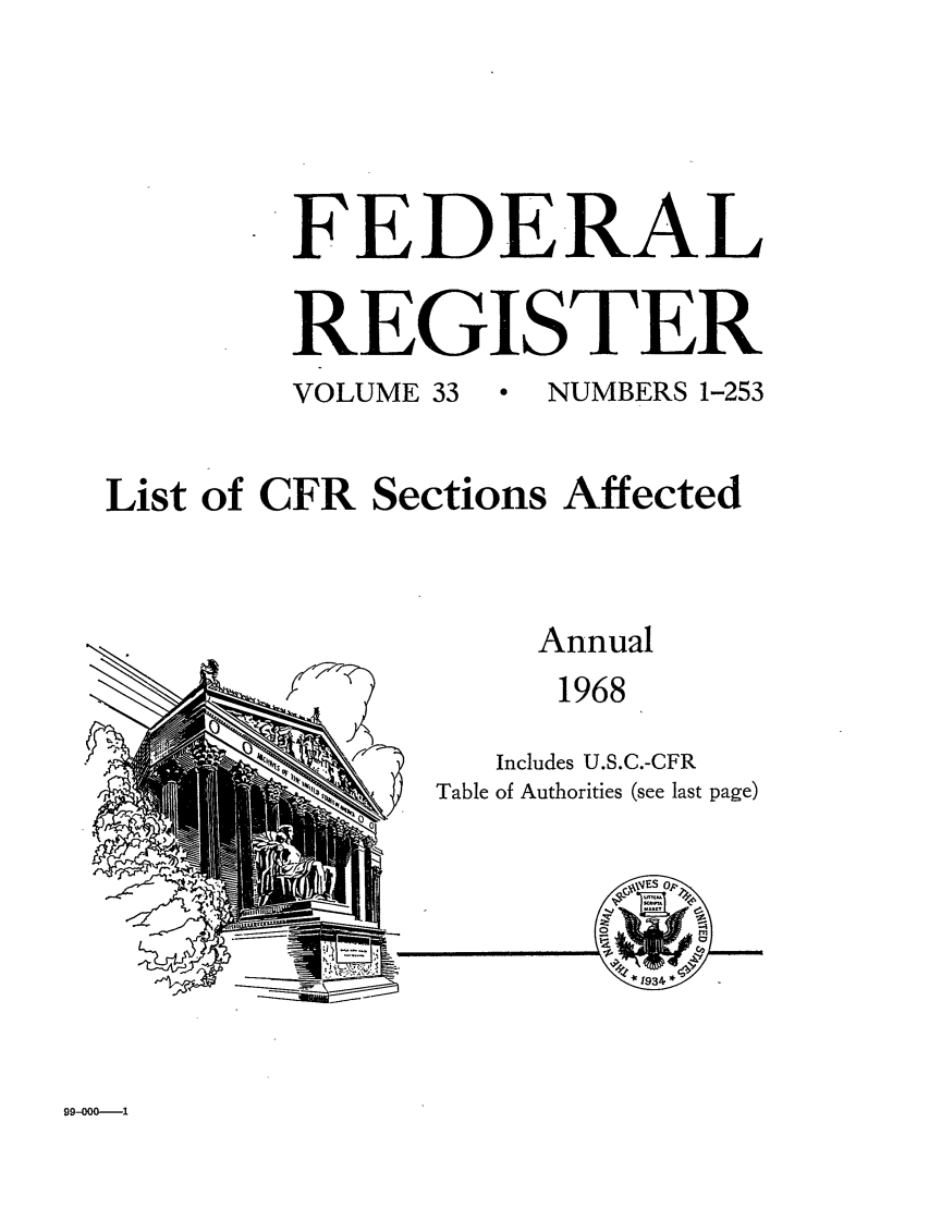 handle is hein.fedreg/asa33 and id is 1 raw text is: FEDERAL
REGISTER
VOLUME 33  NUMBERS 1-253
List of CFR Sections Affected
Annual
1968
Includes U.S.C.-CFR
Table of Authorities (see last page)


