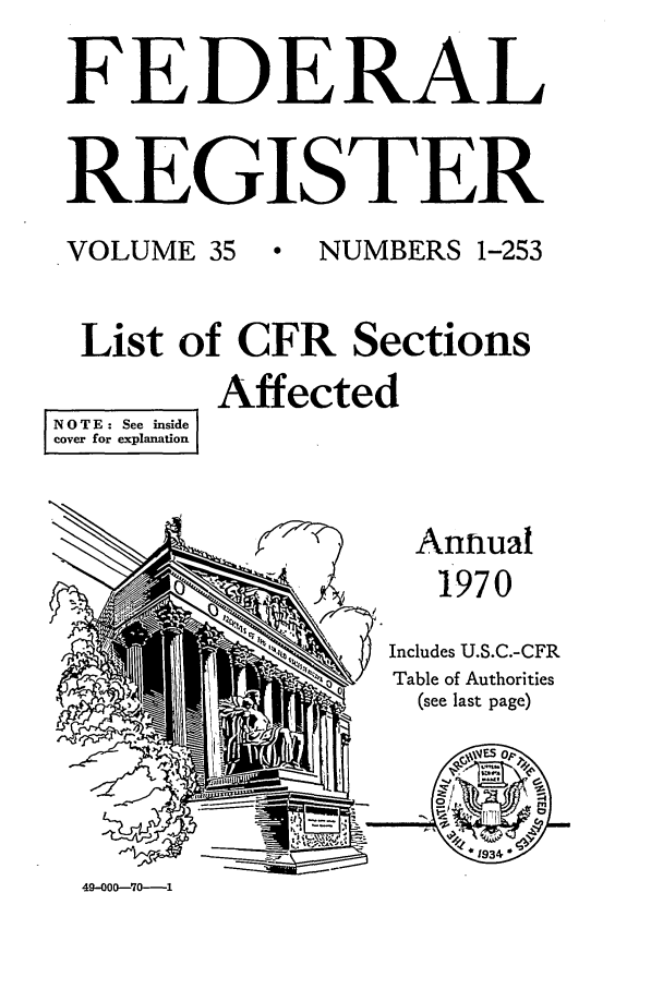 handle is hein.fedreg/asa35 and id is 1 raw text is: FEDERAL
REGISTER
VOLUME 35 P NUMBERS 1-253
List of CFR Sections
Affected
NOTE: See inside
cover for explanation

Annual
1970

Includes U.S.C.-CFR
Table of Authorities
(see last page)

49-OO-70---1

I~I

V°



