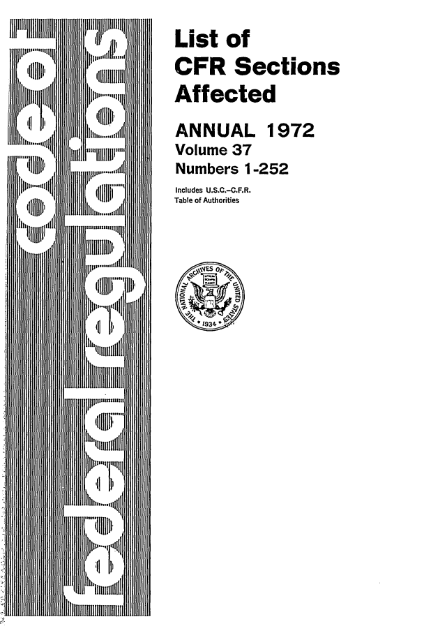 handle is hein.fedreg/asa37 and id is 1 raw text is: List of
CFR Sections
Affected
ANNUAL 1972
Volume 37
Numbers 1-252
Includes U.S.C.-C.F.R.
Table of Authorities


