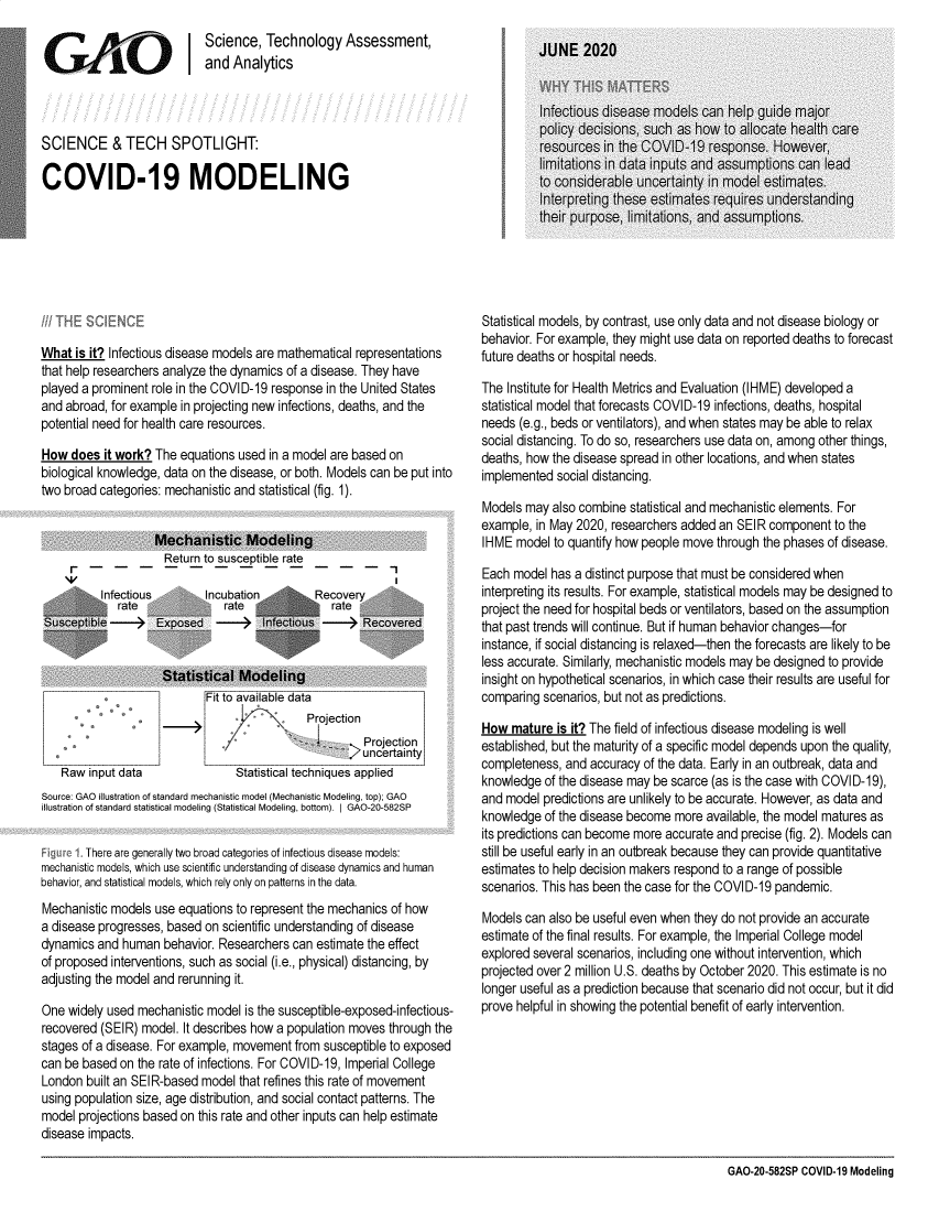 handle is hein.gao/gaobaebeo0001 and id is 1 raw text is: 
                            Science,  Technology Assessment,
G AO0                       and  Analytics



SCIENCE & TECH SPOTLIGHT:

COVID-19 MODELING


What  is it? Infectious disease models are mathematical representations
that help researchers analyze the dynamics of a disease. They have
played a prominent role in the COVID-19 response in the United States
and abroad, for example in projecting new infections, deaths, and the
potential need for health care resources.

How  does  it work? The equations used in a model are based on
biological knowledge, data on the disease, or both. Models can be put into
two broad categories: mechanistic and statistical (fig. 1).


                   Mechanistic Modeling
                     Return to susceptible rate

          Infectious        Incubation         Recovery
             rate              rate               rate
 Susceptible        Exposed   -       I nfectious --   Recovered


                     Statistical  Modeling
                            Fit to available data
                                         _   Projection
                                                       Projection
                                                     >uncertainty
   Raw  input data               Statistical techniques applied
Source: GAO illustration of standard mechanistic model (Mechanistic Modeling, top); GAO
illustration of standard statistical modeling (Statistical Modeling, bottom). I GAO-20-582SP


  gu  1 There are generally two broad categories of infectious disease models:
mechanistic models, which use scientific understanding of disease dynamics and human
behavior, and statistical models, which rely only on patterns in the data.
Mechanistic models use equations to represent the mechanics of how
a disease progresses, based on scientific understanding of disease
dynamics  and human  behavior. Researchers can estimate the effect
of proposed interventions, such as social (i.e., physical) distancing, by
adjusting the model and rerunning it.

One  widely used mechanistic model is the susceptible-exposed-infectious-
recovered (SEIR) model. It describes how a population moves through the
stages of a disease. For example, movement from susceptible to exposed
can be based on the rate of infections. For COVID-19, Imperial College
London  built an SEIR-based model that refines this rate of movement
using population size, age distribution, and social contact patterns. The
model projections based on this rate and other inputs can help estimate
disease impacts.


Statistical models, by contrast, use only data and not disease biology or
behavior. For example, they might use data on reported deaths to forecast
future deaths or hospital needs.

The Institute for Health Metrics and Evaluation (IHME) developed a
statistical model that forecasts COVID-19 infections, deaths, hospital
needs  (e.g., beds or ventilators), and when states may be able to relax
social distancing. To do so, researchers use data on, among other things,
deaths, how the disease spread in other locations, and when states
implemented  social distancing.

Models  may also combine statistical and mechanistic elements. For
example, in May 2020, researchers added  an SEIR component  to the
IHME  model to quantify how people move through the phases of disease.

Each  model has a distinct purpose that must be considered when
interpreting its results. For example, statistical models may be designed to
project the need for hospital beds or ventilators, based on the assumption
that past trends will continue. But if human behavior changes-for
instance, if social distancing is relaxed-then the forecasts are likely to be
less accurate. Similarly, mechanistic models may be designed to provide
insight on hypothetical scenarios, in which case their results are useful for
comparing  scenarios, but not as predictions.

How  mature  is it? The field of infectious disease modeling is well
established, but the maturity of a specific model depends upon the quality,
completeness, and  accuracy of the data. Early in an outbreak, data and
knowledge  of the disease may be scarce (as is the case with COVID-19),
and model  predictions are unlikely to be accurate. However, as data and
knowledge  of the disease become more available, the model matures as
its predictions can become more accurate and precise (fig. 2). Models can
still be useful early in an outbreak because they can provide quantitative
estimates to help decision makers respond to a range of possible
scenarios. This has been the case for the COVID-19 pandemic.

Models  can also be useful even when they do not provide an accurate
estimate of the final results. For example, the Imperial College model
explored several scenarios, including one without intervention, which
projected over 2 million U.S. deaths by October 2020. This estimate is no
longer useful as a prediction because that scenario did not occur, but it did
prove helpful in showing the potential benefit of early intervention.


GAO-20-582SP COVID-19 Modeling


