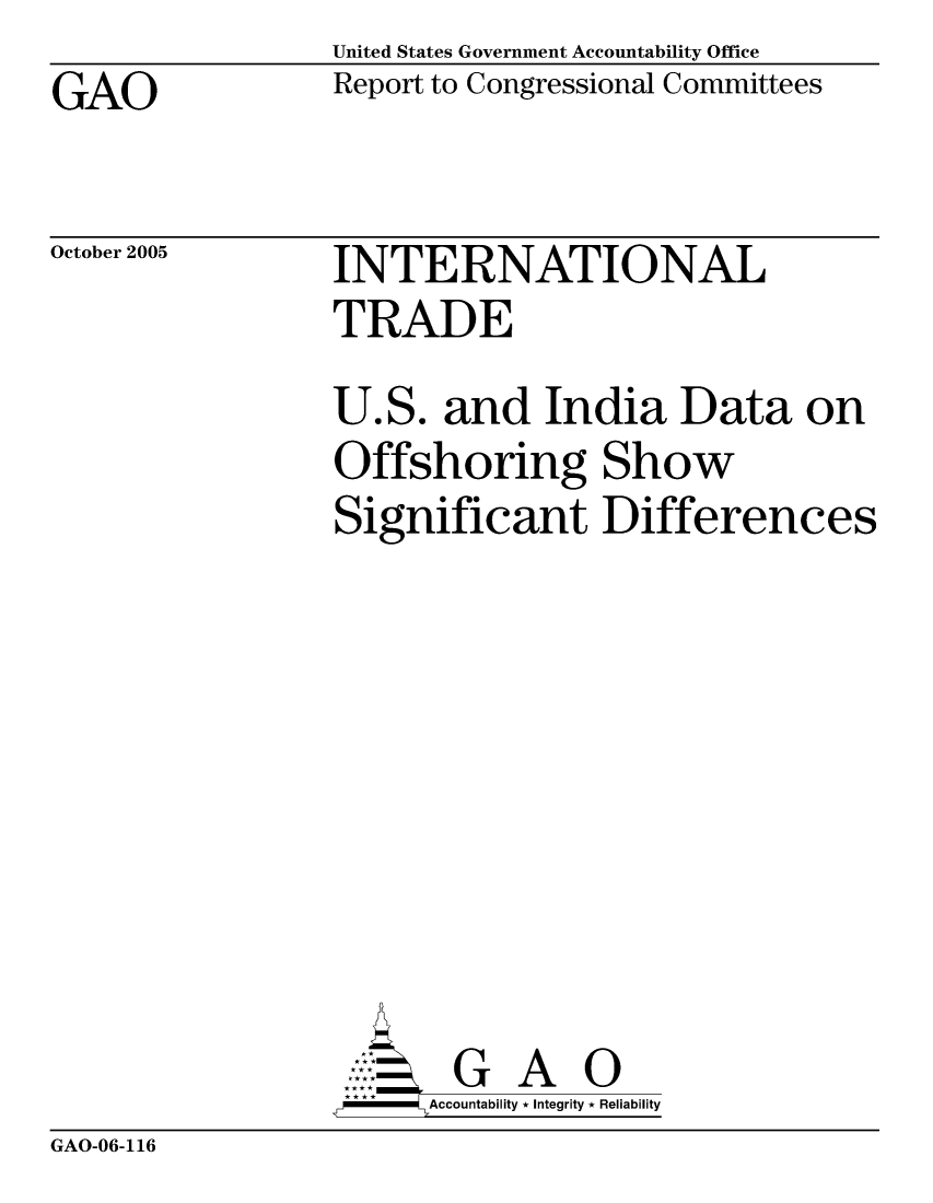 handle is hein.gao/gaocrptasec0001 and id is 1 raw text is: United States Government Accountability Office
Report to Congressional Committees


GAO


October 2005


INTERNATIONAL
TRADE


U.S. and India Data on
Offshoring Show
Significant Differences








       G A 0
   -- Accountability * Integrity * Reliability


GAO-06-116


