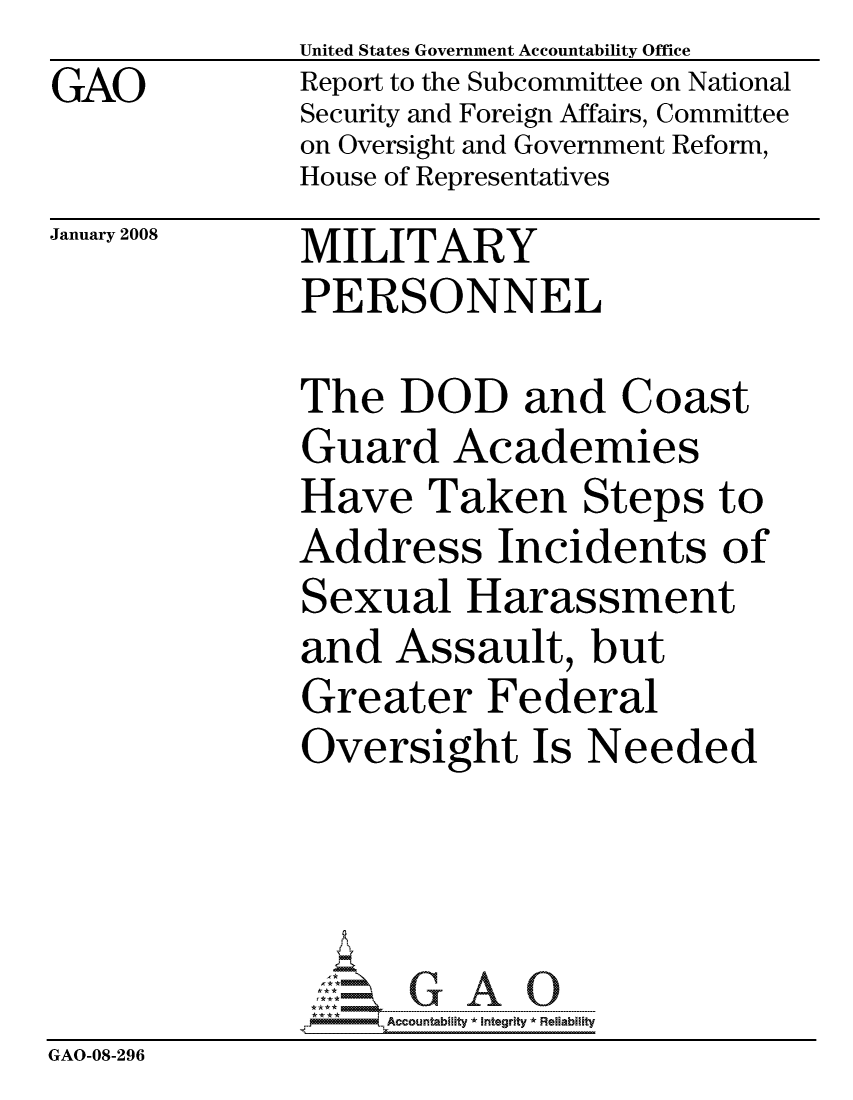 handle is hein.gao/gaocrptawgi0001 and id is 1 raw text is: GAO


United States Government Accountability Office
Report to the Subcommittee on National
Security and Foreign Affairs, Committee
on Oversight and Government Reform,
House of Representatives


January 2008


MILITARY
PERSONNEL


              The DOD and Coast
              Guard Academies
              Have Taken Steps to
              Address Incidents of
              Sexual Harassment
              and Assault, but
              Greater Federal
              Oversight Is Needed




                   ccountability * Integrity * Reliability
GAO-08-296


