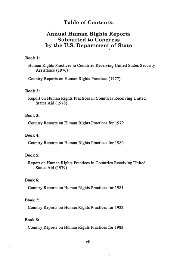 handle is hein.intyb/huhelsnk0024 and id is 1 raw text is: Table of Contents:

Annual Human Rights Reports
Submitted to Congress
by the U.S. Department of State
Book 1:
Human Rights Practices in Countries Receiving United States Security
Assistance (1976)
Country Reports on Human Rights Practices (1977)
Book 2:
Report on Human Rights Practices in Countries Receiving United
States Aid (1978)
Book 3:
Country Reports on Human Rights Practices for 1979
Book 4:
Country Reports on Human Rights Practices for 1980
Book 5:
Report on Human Rights Practices in Countries Receiving United
States Aid (1979)
Book 6:
Country Reports on Human Rights Practices for 1981
Book 7:

Country Reports on Human Rights Practices for 1982
Book 8:
Country Reports on Human Rights Practices for 1983


