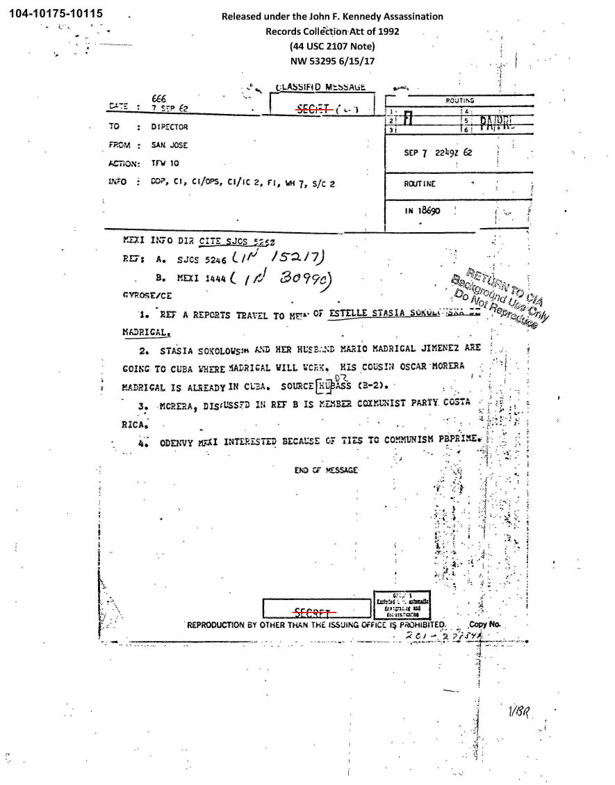 handle is hein.jfk/jfkarch00332 and id is 1 raw text is: 104-10175-10115                            Released under the John F. Kennedy Assassination
                       - -Records CoIletibni-Att of 1992
                                                        (44 usc 2107 Note)
                                                        NW  53295 6/15/17



                         (46ET-C~                                           ~   I.      POUTING


TO       DIPZCTOR

PRM      SAN JOSE

    A ': TFV 10
L\FO     CO?, Cl, Cl/clS, Cl/IC 2, Fl, W 7, S/C 2


SEP  7 2249z 62


ROUTINE


                                                         I N 18690


rZ.I  IN7O DIR  CITE SJOS  525Z

RE7;   A,  SJCS  52   i~      IP -a7)-

       B.  MEXI  14(ff 349
cyposr/c E                                                                 k/ 6

    1. 'REF A REPORTS  TRAVEL  TO MF7- OF ESTELL E     _STASIASUJ'.**jh


    2.  STAA  SO    iOL~s  A-  HER HUSBAD  M~ARIO MADlRIGAL JIIMENE  2

GOING  TO CUBA ',jR   .1ADRIGAL WILL WCK    HIS COUSIN  OSCAR -MORERA

M:ADR IGA L IS ALREADY IN CUBA. SOURCE[Hq~liS   CB-2).
       3.  CR2A fISc1USS--D IN RET B IS M.EMBER COZ?%NIST PARTY  COS-

RICA*

   4,   ODEN'VY M9FI INTERISTE-D BECAIXE OF T I ZS TO C 0 m, LN I SM PRP'RInz .:





                                                                   4


                   REPRODCTIONBY OT E THA THE ISSUIGO~C-1 RHBTD   oyf


