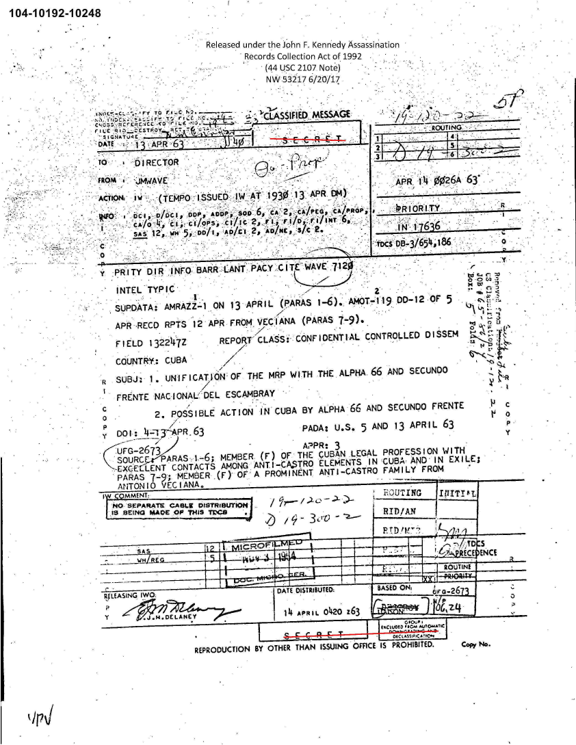 handle is hein.jfk/jfkarch00573 and id is 1 raw text is: 104-10192-10248


                   Released under the John F. Kennedy Assassination
                          Records Collection Act of 1992
                             (44 USC 2107 Note)
                             NW 53217 6/20/17


          TO oLSSIFIED MESSAGE 7                        /
$C os R~cCC CO                                            RO..t ra
r IcLo    P .o v RC                 C P
DATE   1j A P R 6               S   C
To    DIRECTOR
FRoM   JMWAVE                                       APR 1 026A
ACTION. IW (TEMPO:ISSUED -W AT 1930 13 APR      M

pIo  . oc, a foc , DDP p ADDP, SOD 6, CA 2, CA/PCG, CA/PROP )RItOR I-TY
       cA/o~ AscsctoPs, cl/Ic 2, rs, n /D, FI/INT a..
    SAS12,   wN 5, DD/gAD/CS.2, AD/NC, S/C e.        N173
 c                                               ocs 08-3/654,186

 y PR ITY DIR INFO BARR LANT .PACY IT WAVE 7120
    INTEL TYPIC
    SUPDATA: AMRA7Z-1 ON 13 APRIL (PARAS 1-6). A?4OT-119 DD-12 OF 5
    APR RECO RPTS 12 APR FROM VEC IANA (PARAS 7-9).
    FI ELD 1 3221VZ   REPOFRT CASS: CONF 10ENT IAL CONTROLLED DI SSEM


COUNTRY-: CUBA


/


63




      0


 td C Cw


R SUBJ: 1. UNIFICATION:OF THE MRP WITH THE ALPHA 66 AND SECUNDO
   FRENTE NACIONAL DEL ESCAMBRAY
         2. POSSIBLE ACTION IN CUBA BY ALPHA 66 AND SECUNDO FRENTE   C
0        2. POSIL   ATON
   DO 1:_4-1 4APR. 63             PADA: U.S. 5 AND 13 APRIL 63
1  UFG267 APR: 3
  SOURC   PARIAS'-i-6; MEMBER (F) OF THE CUBAN.LEGAL PROFESSION WITH'
      .EXGELENT CONTACTS AMON  AN  -CA$TRO ELEMENTS IN CUBA AND IN EXILE;
   PARAS 7-9; MEMbER .(F)- OF A PROM INENT ANT I-CASTRO FAM IILY FROM
   ANTONIO ECIANA.
If (QMMENT:
            I~ CMMEN                             'OUTING  INlITIALt
  No sEPARATE CABLE DISTRIBUTION       -
  s BEINa MaO oP ws rT e .          3RID/AN
                                       3 RPED/VN

                                                          HVECE  ENCE


         fLASIGDAT:             E DISTRIBUTED: BASED ON, 0a27

         JHDELNY1 APRItL 0420 Z63                         6Z


                REPRODUCTION BY OTHER THAN ISSUING OFFICE IS PROHIBITED.  Copy No.


'lip


