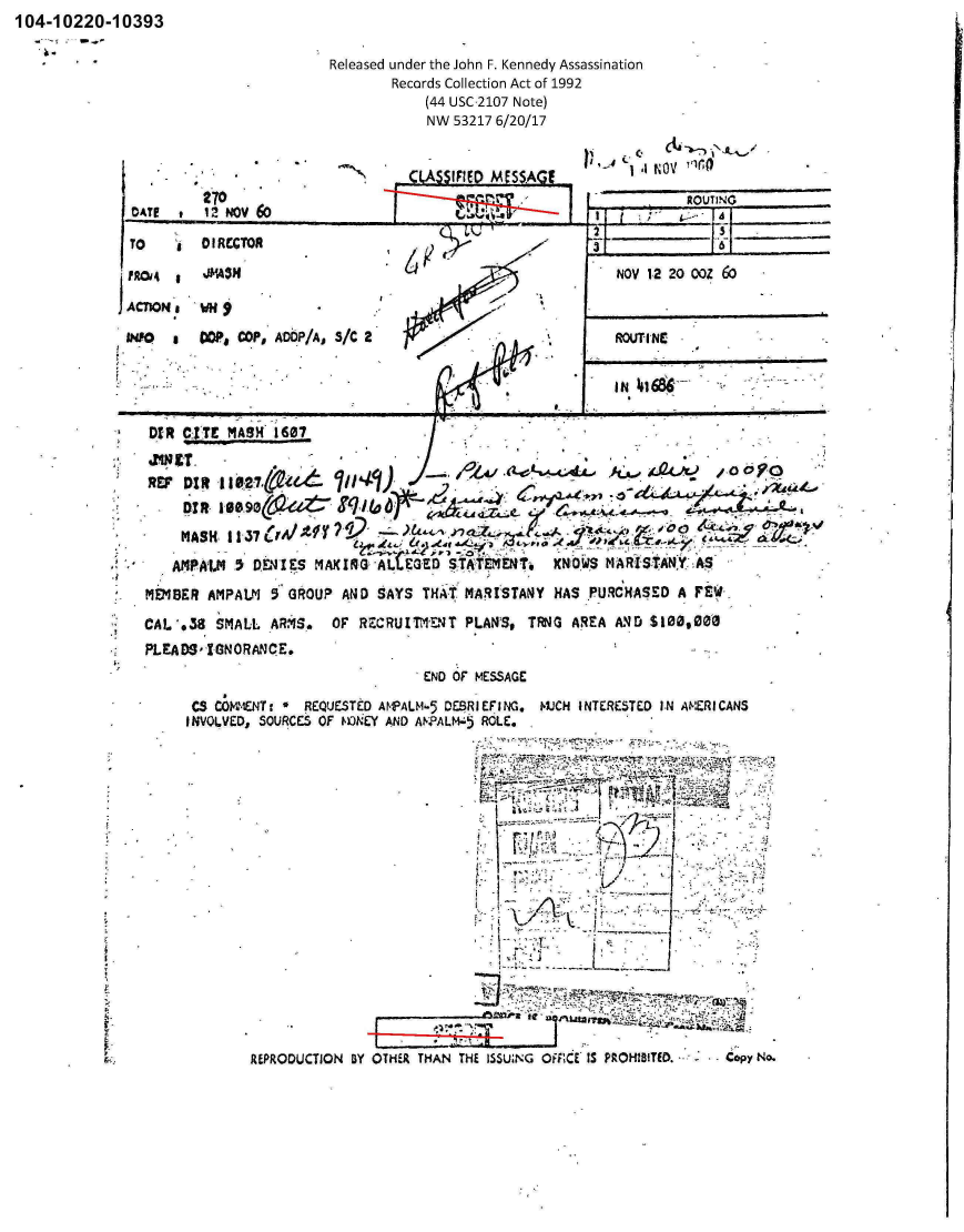 handle is hein.jfk/jfkarch00857 and id is 1 raw text is: 104-1 0220-1 0393


Released under the John F. Kennedy Assassination
        Records Collection Act of 1992
            (44 USC,2107 Note)
            NW 53217 6/20/17


-4  NO ov !116


DoeT


270
12 NOV 60


RO0U TING


II P      L~  Iii


TO       0 1 RCCTOR                                                    iIE6
        * YJPA5                                             NOV 12 2o o0z 6o



ILUO  I  cops COP, AfDOP/Aj S/C 2                           ROUTINE


D!R  CITE M'ASH- 1607



   DR

   MASH,  I' I  0

   AI4PALK 5 QDJI ES MA140I-ALUOTEDSTA,1ElNT-,    KNOWS M ART TANY A$

MU48ER  AMPAt.M 5 GROUP AND SAYS  THAT t4ARISTANJY HAS PURCH$ASED A FEW'

CAL'.38  SMALL ARqS-.  OF RZCRUITMS NT PLAN'S, TRNG AREA ANDqr sioo,00
PLE~ADS, IGNORANCE.
                                  END OF MESSAGE

      CS COHM-ENTt - REQUJESTED AMPALM-5 DEBRI EFI NG. W4CH I NTERESTED IN ANERI CANS
      INVOLVED, SOUJRCES OF W)NEY AND AtNPALM 5 ROLE.







                                                            ~f-




                                               7I






             REPRODUCTION BY OTHER THAN THE ISSU.NG OiACE'IS PROHBITED. Copy No.


WSSIFIED  MFS$A9[


