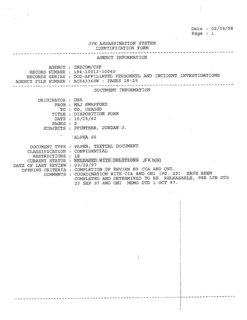 handle is hein.jfk/jfkarch01555 and id is 1 raw text is: 




Date   02/09/98
Page   1


JFK ASSASSINATION SYSTEM
   IDENTIFICATION FORM


AGENCY INFORMATION


            AGENCY
     RECORD NUMBER
     RECORDS SERIES
AGENCY FILE NUMBER


INS.COM/CSF
194-10012-10040
DOD-AFFILIATED PERSONNEL  AND INCIDENT INVESTIGATIONS
AC643360W - PAGES.28-29


DOCUMENT INFORMATION


OR


IGINATO :  USA
    FROM.  MAJ SWAFFORD
      TO   CO, USAOSD
   TITLE   DISPOSITION FORM
   DATE    10/15/62
   PAGES   2
SUBJECTS   PFUNTNER, JORDAN J.


      DOCUMENT TYPE
      CLASSIFICATION
      RESTRICTIONS
      CURRENT STATUS
DATE OF LAST REVIEW  :
   OENING  CRITERIA  ;
           COMMENTS


PAPER, TEXTUAL DOCUMENT
CONFIDENTIAL
1B
RELEASED WITH DELETIONS  JFKb(iii)
09/22/97
COMPLETION OF REVIEW BY  CIA AND ONI.
COORDINATION WITH CIA AND  ONI (PG. 29.) HAVE BEEN
COMPLETED AND DETERMINED  TO. BE RELEASABLE, PER LTR. DTD
23 SEP 97 AND ONI  MEMO  DTD 1 OCT 97.


                         -- - - - - - - - -
- - - - - - - - - - - - - - - - - - - -


