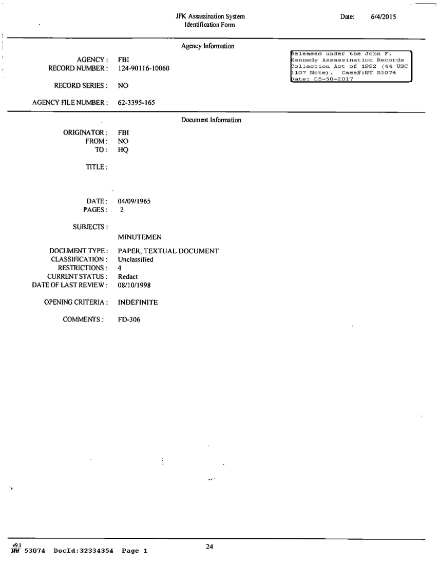 handle is hein.jfk/jfkarch05222 and id is 1 raw text is: 
JFK Assassination System
  Identification Form


Date:   6/4/2015


                                        Agency Information
                                                                     heleased under the John  F.
            AGENCY:    FBI                                           Kenneidy Assassination Recoirds
    RECORD  NUMBER:    124-90116-10060                               :ollection Act of  1992 (44 USC
                                                                     2107 Note).  Case#:NW  53074
                                                                     pate: 05-30-2017
      RECORD SERIES:   NO

AGENCY  FILE NUMBER:   62-3395-165

                                        Document Information


ORIGINATOR:
      FROM:
        TO:


FBI
NO
HQ


   TITLE:



   DATE: 04/09/1965
   PAGES:    2

SUBJECTS:
            MINUTEMEN


     DOCUMENT  TYPE:
     CLASSIFICATION:
       RESTRICTIONS:
    CURRENT STATUS:
DATE OF LAST REVIEW:

   OPENING CRITERIA:


COMMENTS:


PAPER, TEXTUAL  DOCUMENT
Unclassified
4
Redact
08/10/1998

INDEFINITE


FD-306


v9.1
NW  53074  DocId:32334354 Page 1


24


