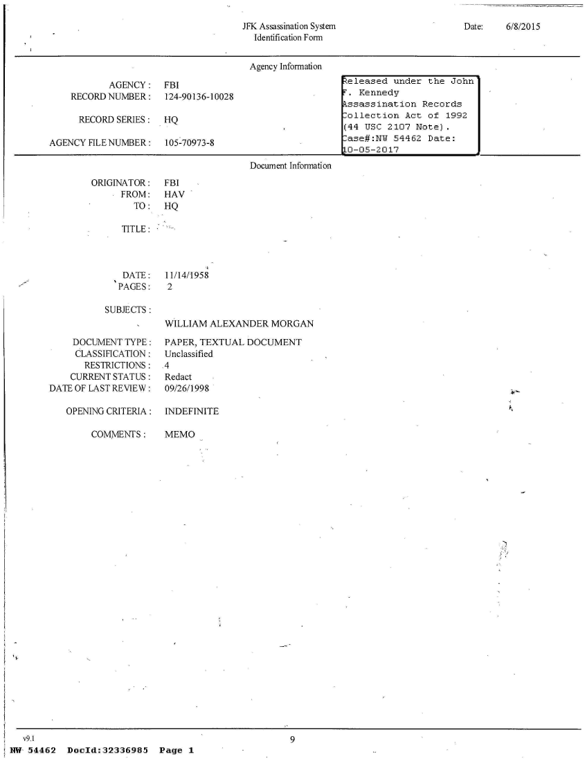 handle is hein.jfk/jfkarch05539 and id is 1 raw text is: 

JFK Assassination System
  Identification Form


Date:   6/8/2015


                                      Agency Information

           AGENCY: FBI                                  Zeleased  under the  John
    RECORD NUMBER: 124-90136-10028                      T. Kennedy
                                                        kssassination  Records
      RECORD SERIES:  HQ                                lollection  Act of  1992
                                                        (44 USC 2107  Note).
AGENCY FILE NUMBER:   105-70973-8                        ase#:N   54462 Date:
                                                        0-05-2017
                                      Document Information


ORIGINATOR:
      FROM:
        TO:


TITLE:


   DATE:
   PAGES:

SUBJECTS :


    DOCUMENT  TYPE:
    CLASSIFICATION:
       RESTRICTIONS:
    CURRENT STATUS:
DATE OF LAST REVIEW:


           OPENING CRITERIA:  INDEFI

                COMMENTS:    MEMO






























   v9.1
NW 54462   Doold:32336985   Page  1


WILLIAM  ALEXANDER   MORGAN

PAPER, TEXTUAL  DOCUMENT
Unclassified
.4
Redact
09/26/1998


NITE


9


FBI
HAV
HQ


11/14/1958
2


