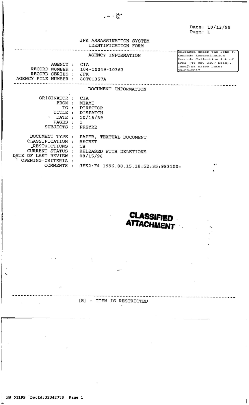 handle is hein.jfk/jfkarch05969 and id is 1 raw text is: 




                                                        Date:  10/13/99
                                                        Page:  1

                 JFK ASSASSINATION  SYSTEM
                     IDENTIFICATION FORM
                                 ------ - - - -----eleased under the John F.
                    AGENCY  INFORMATION             [ennedV Assassination
                                                     ecords Collection Act of
                                                     992 (44 USC  2107 Note) .
       AGENCY     CIA                               [ase#:NbJ 53199 Date:
RECORD NUMBER     104-10049-10363                    r-06-2017


     RECORD SERIES
AGENCY FILE NUMBER


JFK
80T01357A


DOCUMENT INFORMATION


         ORIGINATOR
                FROM
                  TO
               TITLE
               DATE
               PAGES
           SUBJECTS

      DOCUMENT TYPE
      CLASSIFICATION
      -RESTRICTIONS
      CURRENT STATUS
DATE OF LAST REVIEW
   OPENING-CRITERIA
           COMMENTS


CIA
MIAMI
DIRECTOR
DISPATCH
10/16/59
1
FREYRE

PAPER, TEXTUAL  DOCUMENT
SECRET
1B
RELEASED WITH DELETIONS
08/15/96

JFK2:F4 1996.08.15.18:52:35:983100:


4.


CLASSIFIED
ATTACnHMENTr


                          [R] - ITEM IS RESTRICTED





















NW 53199 Dould:32342738 Page 1


-h



