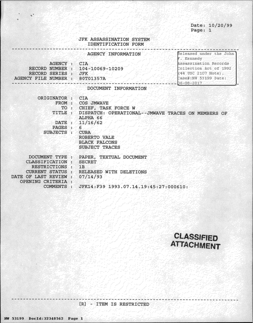 handle is hein.jfk/jfkarch06068 and id is 1 raw text is: 



Date: 10/20/99
Page: 1


            AGENCY
     RECORD NUMBER
     RECORD SERIES
AGENCY FILE NUMBER


ORIGINATOR
      FROM
        TO:
     TITLE


               DATE
               PAGES
           SUBJECTS




      DOCUMENT TYPE
      CLASSIFICATION
      RESTRICTIONS
      CURRENT STATUS
DATE OF LAST REVIEW
   OPENING CRITERIA
           COMMENTS


JFK ASSASSINATION SYSTEM
   IDENTIFICATION FORM

   AGENCY INFORMATION

CIA
104-10069-10209
JFK
80T01357A

   DOCUMENT INFORMATION


CIA
COS JMWAVE
CHIEF, TASK FORCE W
DISPATCH: OPERATIONAL--JMWAVE  TRACES ON MEMBERS OF
ALPHA 66
11/16/62
6
CUBA
ROBERTO VALE
BLACK FALCONS
SUBJECT TRACES

PAPER, TEXTUAL DOCUMENT
SECRET
1B
RELEASED WITH DELETIONS
07/14/93

JFK14:F39 1993.07.14.19:45:27:000610:


FR] - ITEM IS RESTRICTED


NW 53199 Doold:32348562 Page 1


I



