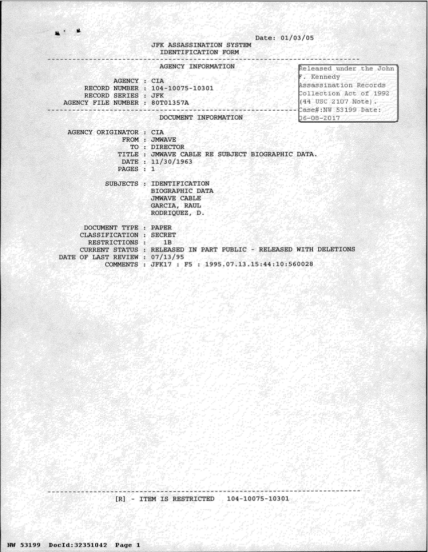 handle is hein.jfk/jfkarch06149 and id is 1 raw text is: 











             AGENCY
      RECORD NUMBER
      RECORD SERIES
 AGENCY FILE NUMBER




 AGENCY  ORIGINATOR
               FROM
                 TO
              TITLE
              DATE
              PAGES  :

           SUBJECTS






      DOCUMENT TYPE
      CLASSIFICATION
      RESTRICTIONS
      CURRENT STATUS
DATE OF LAST REVIEW
           COMMENTS


JFK ASSASSINATION SYSTEM
  IDENTIFICATION FORM

  AGENCY INFORMATION

CIA
104-10075-10301
JFK
80T01357A

  DOCUMENT INFORMATION


Date: 01/03/05


CIA
JMWAVE
DIRECTOR
JMWAVE CABLE RE SUBJECT BIOGRAPHIC  DATA.
11/30/1963
1

IDENTIFICATION
BIOGRAPHIC DATA
JMWAVE CABLE
GARCIA, RAUL
RODRIQUEZ, D.

PAPER
SECRET
   lB
RELEASED IN PART PUBLIC  - RELEASED WITH DELETIONS
07/13/95
JFK17 : F5  : 1995.07.13.15:44:10:560028


[R] - ITEM IS RESTRICTED   104-10075-10301


INW 53199 Docld:32351O42  Page  1


&A ' st


