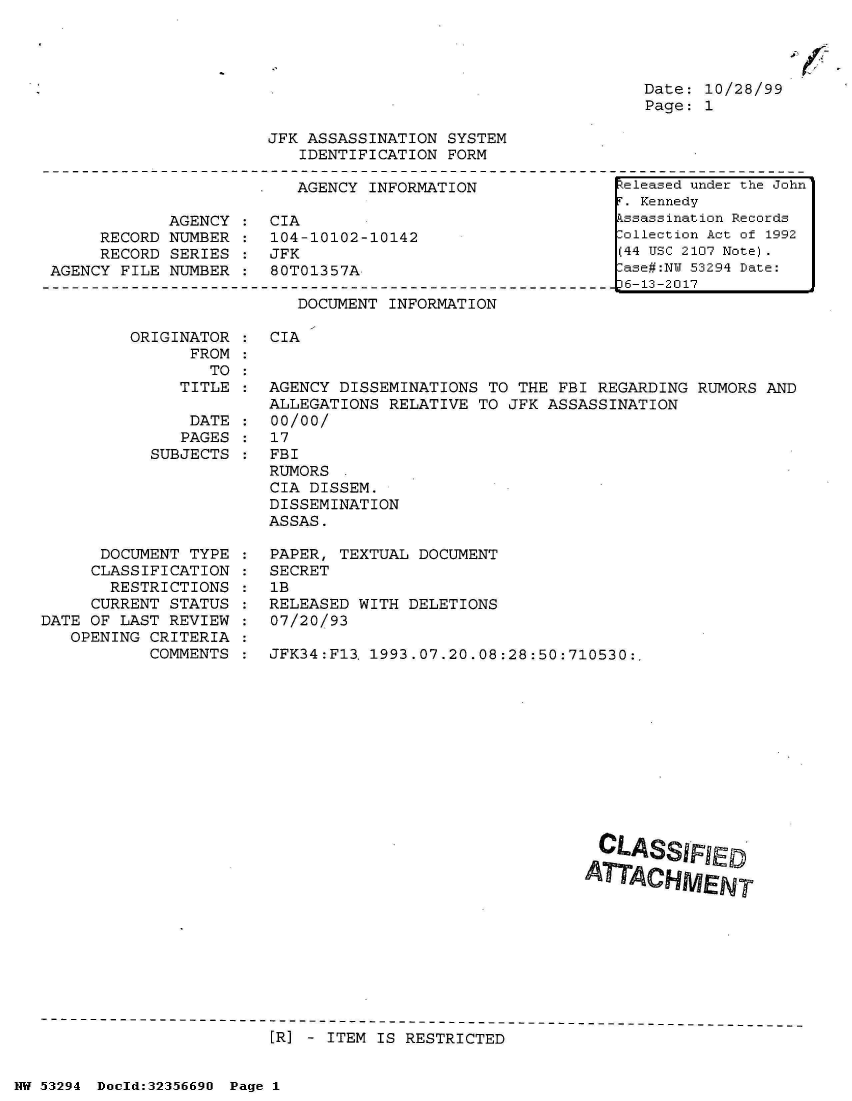 handle is hein.jfk/jfkarch06430 and id is 1 raw text is: 


7r


Date: 10/28/99
Page: 1


JFK ASSASSINATION SYSTEM
   IDENTIFICATION FORM


                         AGENCY  INFORMATION

            AGENCY     CIA
     RECORD NUMBER  :  104-10102-10142
     RECORD SERIES  :  JFK
AGENCY FILE NUMBER     80T01357A


DOCUMENT INFORMATION


         ORIGINATOR
               FROM
                 TO
              TITLE

              DATE
              PAGES
           SUBJECTS





      DOCUMENT TYPE
      CLASSIFICATION
      RESTRICTIONS
      CURRENT STATUS
DATE OF LAST REVIEW
   OPENING CRITERIA
           COMMENTS


CIA


:  AGENCY DISSEMINATIONS TO THE FBI REGARDING  RUMORS AND
   ALLEGATIONS RELATIVE TO JFK ASSASSINATION
:  00/00/
:  17
:  FBI
   RUMORS
   CIA DISSEM.
   DISSEMINATION
   ASSAS.

:  PAPER, TEXTUAL DOCUMENT
:  SECRET
:  IB
:  RELEASED WITH DELETIONS
:  07/20/93

:  JFK34:Fl3. 1993.07.20.08:28:50:710530:.












                                     CLASSFIED
                                   ATTACHNENT


[R] - ITEM IS RESTRICTED


NW 53294 Doeld:3235669O Page 1


eleased under the John
T. Kennedy
kssassination Records
Collection Act of 1992
(44 USC 2107 Note).
lase#:NY 53294 Date:
.16-13-2017


