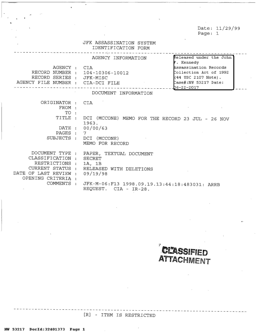 handle is hein.jfk/jfkarch06997 and id is 1 raw text is: 




Date: 11/29/99
Page: 1


JFK ASSASSINATION SYSTEM
   IDENTIFICATION FORM

   AGENCY INFORMATION


            AGENCY
     RECORD NUMBER
     RECORD SERIES
AGENCY FILE NUMBER


CIA
104-10306-10012
JFK-MISC
CIA-DCI FILE


DOCUMENT INFORMATION


ORIGINATOR
      FROM
        TO
     TITLE


               DATE
               PAGES
           SUBJECTS


      DOCUMENT TYPE
      CLASSIFICATION
      RESTRICTIONS
      CURRENT STATUS
DATE OF LAST REVIEW
   OPENING CRITERIA
           COMMENTS


CIA


DCI  (MCCONE) MEMO FOR THE RECORD 23 JUL - 26 NOV
1963.
00/00/63
7
DCI  (MCCONE)
MEMO FOR RECORD

PAPER, TEXTUAL DOCUMENT
SECRET
1A, 1B
RELEASED WITH DELETIONS
09/19/98

JFK-M-06:Fl3 1998.09.19.13:44:18:483031:  ARRB
REQUEST.  CIA - IR-28.














                          UASSIFIED

                          ATTACHMENT


[R] - ITEM IS RESTRICTED


NW 53217 Doeld:32401373 Page 1


Released under the John
T. Kennedy
kssassination Records
lollection Act of 1992
(44 USC 2107 Note).
lase#:NY 53217 Date:
36-22-2017


