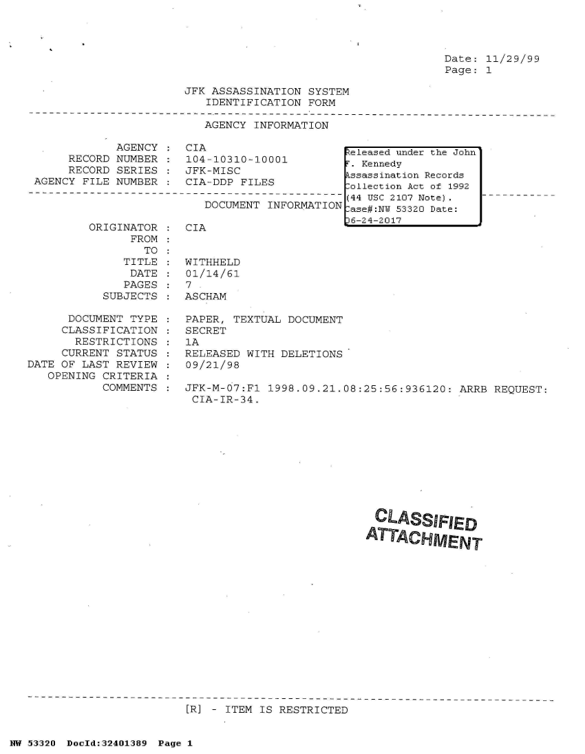 handle is hein.jfk/jfkarch06999 and id is 1 raw text is: 




Date: 11/29/99
Page: 1


JFK ASSASSINATION  SYSTEM
   IDENTIFICATION  FORM


AGENCY INFORMATION


            AGENCY
     RECORD NUMBER
     RECORD SERIES
AGENCY FILE NUMBER


CIA
104-10310-10001
JFK-MISC
CIA-DDP FILES


DOCUMENT INFORMATION


ORIGINATOR
      FROM


CIA


      TO
   TITLE  : WITHHELD
   DATE   : 01/14/61
   PAGES  : 7
SUBJECTS  : ASCHAM


      DOCUMENT TYPE  :  PAPER, TEXTUAL DOCUMENT
      CLASSIFICATION :  SECRET
      RESTRICTIONS   :  1A
      CURRENT STATUS :  RELEASED WITH DELETIONS
DATE OF LAST REVIEW  :  09/21/98
   OPENING CRITERIA
           COMMENTS  :  JFK-M-07:F1 1998.09.21.08:25:56:936120:  ARRB REQUEST:
                         CIA-IR-34.


                                                    (DILASS1
                                                          0   FIED
                                                   ATTA-fff-R














-----------------------------------------------------------------------------
                        [R] - ITEM IS RESTRICTED


eleased under the John
i'. Kennedy
kssassination Records
-ollection Act of 1992
(44 USC 2107 Note).
- ase#:NY 53320 Date:
36-24-2017


HW 53320 Doeld:32401389 Page I


