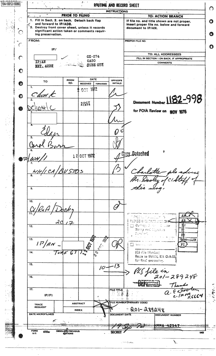 handle is hein.jfk/jfkarch07564 and id is 1 raw text is: 1041001210066
       L








         C


       IC.









       ,0


                                           INSTRUcTIONS
...._PRIOR TO FILING                                              TO: ACTION  BRANCH
1. Fill in Sect. 2. on back. Detach back flap  If file no. and title  shown  are not proper,
   and forward to IP/ADB.                             Insert proper file no. below and forward
2. Destroy front cover sheet, unless it records  document to IP/AN.
   significant action taken or comments requir-
   ing preservation.


IP/


IP/AII
EXL  4239.


-    I,


GI-274
GA50
LTUBE GTZ


                     ROOM         DATE        OFFICERS
        ToNo                RECEIVED FORWARDED INITIALS

        197


 2.
                             oCT
        (~                   21971











 6.

                        12OCT   1972
 7.






 9.









12.


13.                          -





15.



16.


PROPER FILE NO.


TO: ALL ADDRESSEES


FILL IN SECTION I ON BACK. IF APPROPRIATE
            COMMENTS


-  Document  Number  iICA&         9

   for FOIA Review on  11Y  197











 tS  lached


                           0=4
         )    (,.     . .1






      Rc-~ - ; ;

fcfr. '


->~                           70~eeL


17.                                          FILETrTLE
         IP/FI                                                                     JAI

   TRACE                ABSTRACT              ILENUMBIEFPif4AFY CODE)
   REQUEST
                         INDEX                             0
DATE MICROFILMED                             DOCUMENT DATE            DOCUMENT NUMBER


6-71  610    ---   tOsVN u


e0


0


a


0


.


RIlUTING AND RECORD SHEET


FROM:


I


SECRET #


