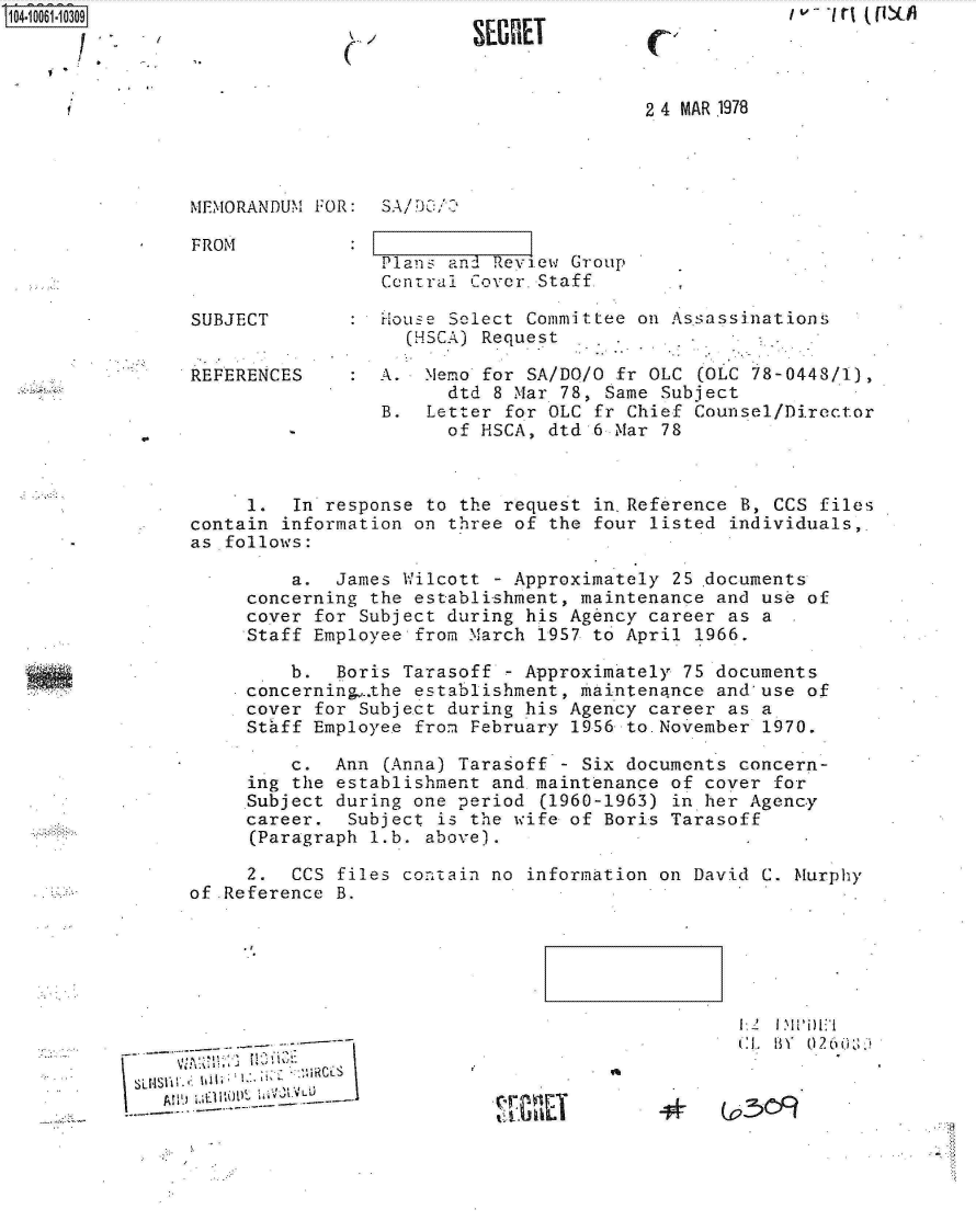 handle is hein.jfk/jfkarch08046 and id is 1 raw text is: S104*10061.10309

       ii,   *1
    I


(I


SECRET


C .


2 4 MAR 1978


MEMORANDUM FOR:SA/DC/


FROM


Plans and Review Group
Contral Cover.Staff.


SUBJECT


REFERENCES


:  House Select Committee on Assassinations
     (HSCA) Request

:  A.  Memo for SA/DO/O fr OLC (OLC 78-0448/1),
         dtd 8 Mar 78, Same Subject
   B.  Letter for OLC fr Chief Counsel/Director
         of HSCA, dtd 6 Mar 78


     1.  In response to the request in.Reference B, CCS  files
contain information on three of the four listed individuals,.
as follows:

         a.  James Wilcott - Approximately 25 .documents
     concerning the establishment, maintenance and use of
     cover for Subject during his Agency career as a
     Staff Employee from March 1957 to April 1966.

         b.  Boris Tarasoff - Approximately 75 documents
     concerning..the establishment, maintenance and'use of
     cover for Subject during his Agency career as a
     Sthff Employe.e from February 1956 to.November 1970.

         c.  Ann (Anna) Tarasoff - Six documents concern-
     ing the establishment and maintenance of cover for
     Subject during one period (1960-1963) in her Agency
     career.  Subject is the wife of Boris Tarasoff
     (Paragraph l.b. above).

     2.  CCS files contain no information on David C. Murphy
of Reference B.


I  ~ *  ~ ,.  C


rcrng
  kk


* G23c~


/ w - -1 rl (MCA


