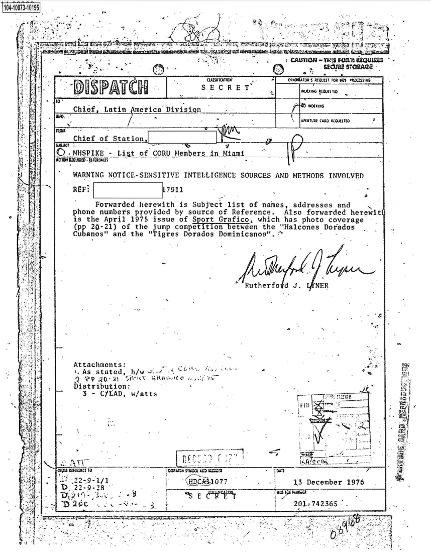 handle is hein.jfk/jfkarch08797 and id is 1 raw text is: 1O4~iOO73~1O195


phone numbers  provided by source of Reference.  Also  forwarded herewit
is the April  1975 issue of Sport Grafico, which  has photo coverage
(pp 20-21) of  the jump competition between the  Halcones Doiados -
Cubanos and  the Tigres Dorados Dominicanos.





                                        Rutherfo  d J.   NER


4.


A


Attachments:
. As stated, h/w  & '-   Cc  a

Distribution:
  3    MC/AD, w/atts


   #1
   1
   I

 ~KL


 >14



   1..

   Li





~¶.') I
   I.
   ~ 11
~  1:

   V.
¾
~. ~
-h


   I  N





   I'

   I


'~22-9-28
     I 4


  Ck~t1O77

-S E&


4.


:'


.IDLU


13 December  1976


201-T74236


T'bi


Nk-


-~'~1
   r 7


44


7=7




       .4 .4
                                                        <CUTION -1IFORM S

                                    anm ICATC on       omaidon sa car on aQs tmases
                                    SECRET


     Chief, Latin  merica  Division
                                                          APRatMn CAD Uountio

     Chief of Station,
 suac                  -                 '
 O   MHSPIKE - Liat  of CORU Members in Miami
 aM iwun. MUMnaS

     WARNING NOTICE-SENSITIVE  INTELLIGENCE SOURCES AND METHODS  INVOLVED

     REF:                  7911

          Forwarded  herewith is Subject list of na'mes, addresses and


