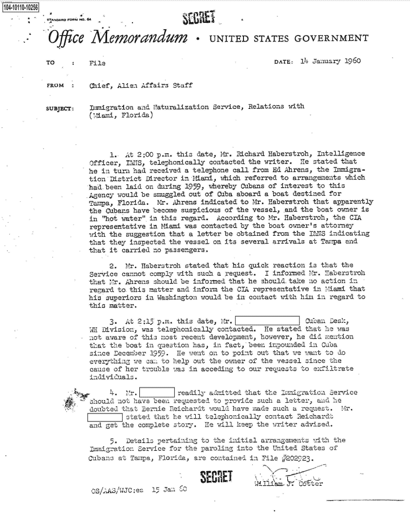 handle is hein.jfk/jfkarch10355 and id is 1 raw text is: 104-10110-10256
          SYANOARO FOR-A NO. 64


          .Office Memorandum                   *  UNITED STATES GOVERNMENT


          TO         File                                         DATE: 14 January 1960


          FROM       Chief, Alien Affairs Staff


          SUBJEr:    Imigration  and Naturalization Service, Relations with
                     (Miami, Florida)




                          1.. At 2:00 p.m. this date, Mr. Richard Haberstroh, Intelligence
                     Officer, I=TS, telephonically contacted the writer. He stated that
                     he in turn had received a telephone call from Ed Ahrens, the Lmigra-
                     tion District Director in Miai, which referred to arrangements which
                     had.been laid on during 1959, whereby Cubans of interest to this
                     Agency would be smuggled out of Cuba aboard a boat destined for
                     Tampa, Florida. Mr. Ahrens indicated to Mr. Haberstroh that apparently
                     the Cubans have become suspicious of the vessel, and the boat owner is
                     in hot water in this regard. According to Mr. Haberstroh, the CIA
                     representative in Miami was contacted by the boat owner's attorney
                     with the suggestion that a letter be obtained from the ITS indicating
                     that they inspected the vessel on its several arrivals at Tampa and
                     that it carried no passengers.

                          2.  Mr. Haberstroh stated that his quick reaction is that the
                     Service cannot comply with such a request. I informed Mr. aberstroh
                     that Mr. Ahrens should be informed that he should. take no action in
                     regard to this matter and inform the CIA representative in Miami that
                     his superiors in Washington would be in contact with him in regard to
                     this matter.

                          3.  At 2:15 p.m. this date, Mr.                 Cuan  Lesk,
                     il Division, was telephonically contacted. He stated that he was
                     not aware of this raost recent development, however, he dif mient-ion
                      that the boat in question has, in fact, been impounded in Cuba
                     since Decenber 1959. He went on to point out that we want to do
                     everything we ca-1 to help out the owner of the vessel since the
                     cause of her trouble us in acceding to our requests to exfiltrate
                     individuals.

                          a4.             readily admitted that the Iraigraticn Service
                     should not have been requested to provide such a letter, and he
                     doubed  that Eernie Reichardt woull have made such a reqaes. Mr
                              stated that he will telephonically contact aeichard'
                     and get the complete story. Ie will keep the writer advised.

                          5.  Details pertaining         into the icitial arragements with the
                     Eurigration Service for the paroling into the United States of
                     Cubans at Taupa, Florida, are contained in File i202523.


                                                             la   16ftern


