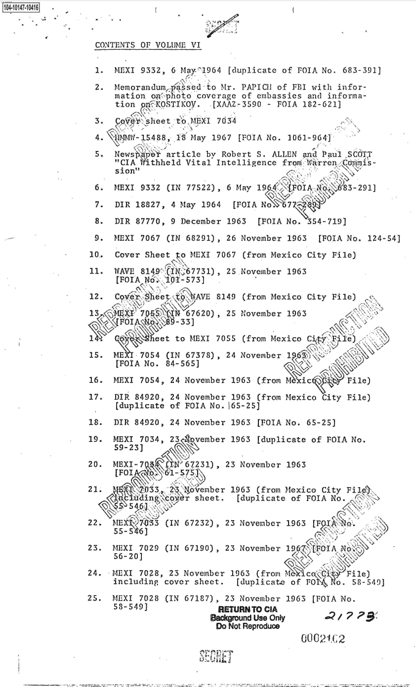 handle is hein.jfk/jfkarch12028 and id is 1 raw text is: 40147. 046 .



                  CONTENTS OF VOLUME VI


                  1.  MEXI 9332, 6 Mar 1964  [duplicate of FOIA No. 683-391]

                  2.  Memorandum' Passed to Mr. PAPICH of FBI with infor-
                      mation on'photo coverage of embassies and informa-
                      tion n  KOSTIKO.    [XAAZ-3590 - FOIA 182-621]

                  3.   q0&Y,'sheet t'b MEXI 7034

                  4.    M   S, -5488, 1i8 May 1967 [FOIA No. 1061-9641

                  5.  News-p e  article by Robert S. ALLEN ?nd Paul SCOTT
                      CIA    thheld Vital Intelligence from  t Iren 6iA;is-
                      sion

                  6.  MEXI 9332 (IN 77522), 6 May 196_4<AOIA  No4&83-291]

                  7.  DIR 18827, 4 May 1964   [FOIA No. 67

                  8.  DIR 87770, 9 December 1963   [FOIA No. 354-719]

                  9.  MEXI 7067 (IN 68291), 26 November 1963   [FOIA No. 124-54]

                  10.. Cover Sheet to MEXI 7067 (from Mexico City File)

                  11. WAVE 8149 (IN67731),  25.November 1963
                      [FOIA No  101-573]

                 12.  Co..  S'heet    AVE 8149  (from Mexico City File)

                 13                 67620) , 25 November 1963
                     POI -33

                         .    eet to MEXI 7055  (from Mexico C   Tie)

                 15.  ME   7054 (IN 67378), 24 November 1 6:
                      [FOIA No. 84-565]
                 16.  MEXI 7054, 24 November 1963 (from M\ic        File)

                 17.  DIR 84920, 24 November 1963 (from Mexico City File)
                      [duplicate of FOIA No. 165-25]
                 18.  DIR 84920, 24 November 1963 [FOIA No. 65-25]

                 19.  MEXI 7034, 234ovember  1963 [duplicate of FOIA No.
                      59-23]

                 20.  MEXI-7        67231), 23 November 1963
                      [FOIA     6 l-575 .
                 21.             23. Evember 1963 (from Mexico City Fil.
                           i   ,ding&o@  r sheet.  [duplicate of FOIA No .
                        .5 4
                 22.  1E   7,073 (IN 67232), 23 November 1963 [FQtIo

                 23.  MEXI 7029 (IN 67190), 23 November 19      OIA      9
                      56-20]

                 24.  MEXI 7028, 23 November 1963 (from MeIcoFile)
                      including cover sheet.  [duplicate of FO    o. 58-549]

                 25.  MEXI 7028 (IN 67187), 23 November 1963 [FOIA No.
                      58-549)              RETURNTO CIA
                                         Background Use Only       / 2 ?
                                         Do  Not Reproduce
                                                           00621-C 2


