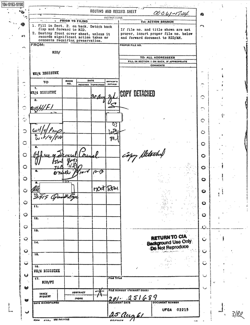 handle is hein.jfk/jfkarch12422 and id is 1 raw text is: 

                           ROUTING AND RECOD.SHEET

             PRIOR TO FILING                       TO: ACTION BRANCH
 1. Fill in Sect. 2. on back. Detich back
    flap and forwardI to RID.            If file no. and title shown are not
 2. Destroy front ccvor sheet, unless it     proper, insert proper file no. below
    records significant action taken or      and forward document to RID/AN.
    comments requiring preservation.
FROM:                                      rPROPnR FILE NO.


Ic;


          RID/




   ME4 EIS=E

      TO        ROOM      DATE      FICo
                 No. ~ ggVO V~ADC  INITIALS

I14  EGISTRIZ

  2.




           3-.










  5.








  IL







  11.






  14.   ____      -      1


ii. nGISTRZ

17,.
    RID/Fl


         TO: ALL ADDRESSEES
    FILL IN SECTION I ON BACK. IF APPROPRIATE
              COMMENTS







COPY  DETACHED


ftEURN0OA !...


F16 T61


IAtA69TRACV PTAR                             s



                                                      UGA  02215


O


0


0


Cd


I


  1






Ii


b./


OWA  A,- Us# FOCY100


e ..- 0% r v /j


