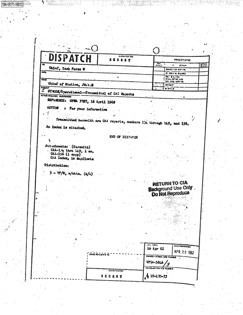 handle is hein.jfk/jfkarch13386 and id is 1 raw text is: 











        'DISPATCH                 3a ca J1AI.O~~SN




Gus t station, J)&&.x




            6CT%-



       An     is j att &cheC

                               Vm LWr DI3?4,y(x



         CLI-15 (1, cow







                                                RtETURN To CIA-
                                              Blackground Use Only
                                                DO f~R~~U






                                                16  Apr 6







                                   APR 2 M


