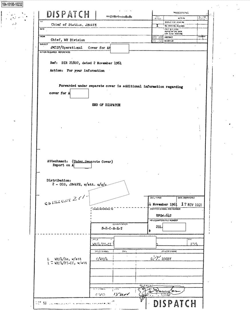 handle is hein.jfk/jfkarch14610 and id is 1 raw text is: 1104-i1O~O


DIS5PATC g_                                                      _     _     _

  Chief of Stati,   JMAVE

                                                            Q'h C   JU.  IN I

  Chief, WR Division________                                                 ________


JK!IP/Oprat.~va.   Cover for


ACTTO~iRTIUM0t REFEM.'cc


     Ref:  DIR 21802, dated 2 November 1961

     Action:  For your Informiation



          Forwarded under separate cover is

     cover for


                           END OF DISPATCH














    Attachnmitz  (Vng4.-Srate   Cover)
       Report on Al        I



    Distribution:
      2  -COS, JXdAVE, w/att. '~~





                           C;)SS RfERNCE rQ


L   W//Rw/att
I1. - wiiA4FI-Cr, w/att


additional inforuation regarding


      r~pto   00 DUSPTCk*4)

 November 16          1 7 Nov I G1
&ZZ'Th2I1SVMIIOI AN4D NtfMER


WkA\AARfTES MEU NUMJBER


________                    u.<ZOGB





  WiL(ij vw


CAH 'A'f:


'  I-  D  ISPA TCH


3


