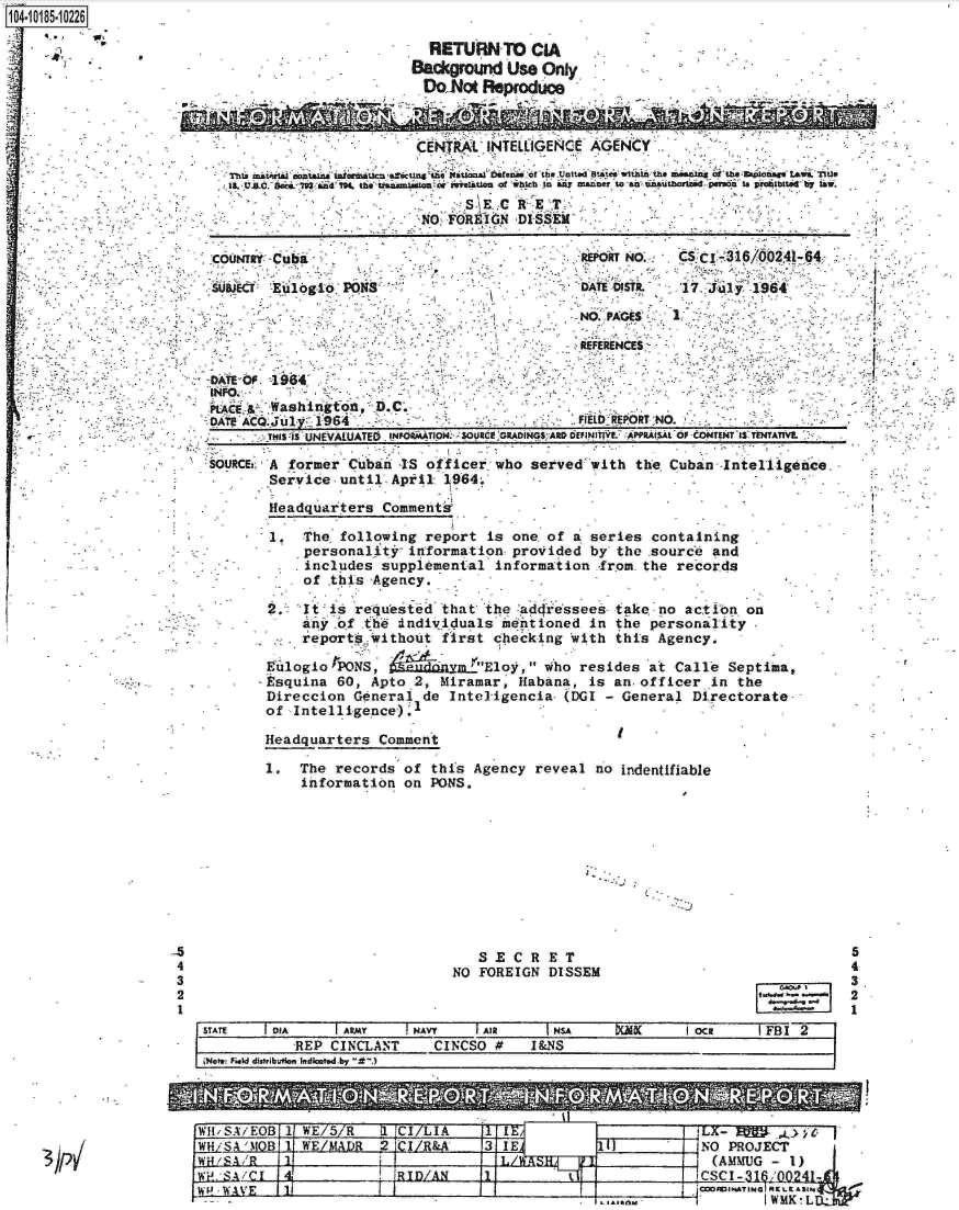 handle is hein.jfk/jfkarch15328 and id is 1 raw text is: 104-10185-10226


SOURCE, A former Cuban IS officer  who served with the Cuban Intelligence
        Service.unti IApri1  1964.

.       Headquarters Commenti


1.   The  following report is one of a series containing
-    personalit   itnformation- provided by the source and
    . includes supplemental information from the records
    of  this -Agency.

 2   Iti   reuested   that the :ad4Iessees take no action on
     an  of the individuals  inertioned in the personality -
  Sieportoa   without first checking with this Agency.

  Eulogio 'ON S,   nym'Eloy, Who resides at Calle Septima,
-Esquina 60, Apto 2, Miramar,  Habana, is an.officer in the
Direccion  General de Intel-igencia- (DGI - General Directorate-
ofIntelligence).1


Headquarters Comment


I


1.  The records of this Agency  reveal no indentifiable
    information on PONS.


-----3


                                S  SECRET
                             NO FOREIGN  DISSEM


STATE   IoA      AWY     NAVY    AIR     NSA     MIk     I OCR   IFBI 2
           -REP CINCLANT   CINCSO #    I&NS
(Note: Feld disributIon Indcatedby *.)


5
4
3
2
1


*    *   ~     ~                      *    Q    C  C~S ~


WH/SA/EOB  1 WE/5 R
WH/SA  MOBI1 WE/MADR
  WA/R     1
H   SHA/  1f41
finwpwv    1i


1  CI/LIA
2 ('I/R&A

  810D/AN


3- 1 E                   !NO PROJECT
                              -AMG  1)

                                  W~MK .LDji


                          RETURNTO CIA
                        Backgrourd Use Only
                        DOoto   Reproduce



                        CENRAL   NTELLIGENC  AGENCY

      IS. AC ee&o93 n H.a Uniaont masson ob  u  ah manner to aW nuhi paiue to p c~blu~bIa.-
                              SEC   RETi,
                         NO FOR9IGN DISSEM

'COUNTRY -Cuba                              EOR   O    CSC]C-18/041-864,

:SUBE                                      -uoio~SDATE DISTR. _174Jd 96
                                            NO. PAGESP1

                                            EFERENCES

  -DTOF  64

       w   E ashiriton D.C.
 AT AC.Jul   1964                          FIELD RORT N.
       u1s is UNEVALUATED INFoiATION -SOURCE oRADINGs-AR DoEFINmYEL sAPPRAtAL OF comW r  TeA


-5
4
3
2
1


A


**


3jp


