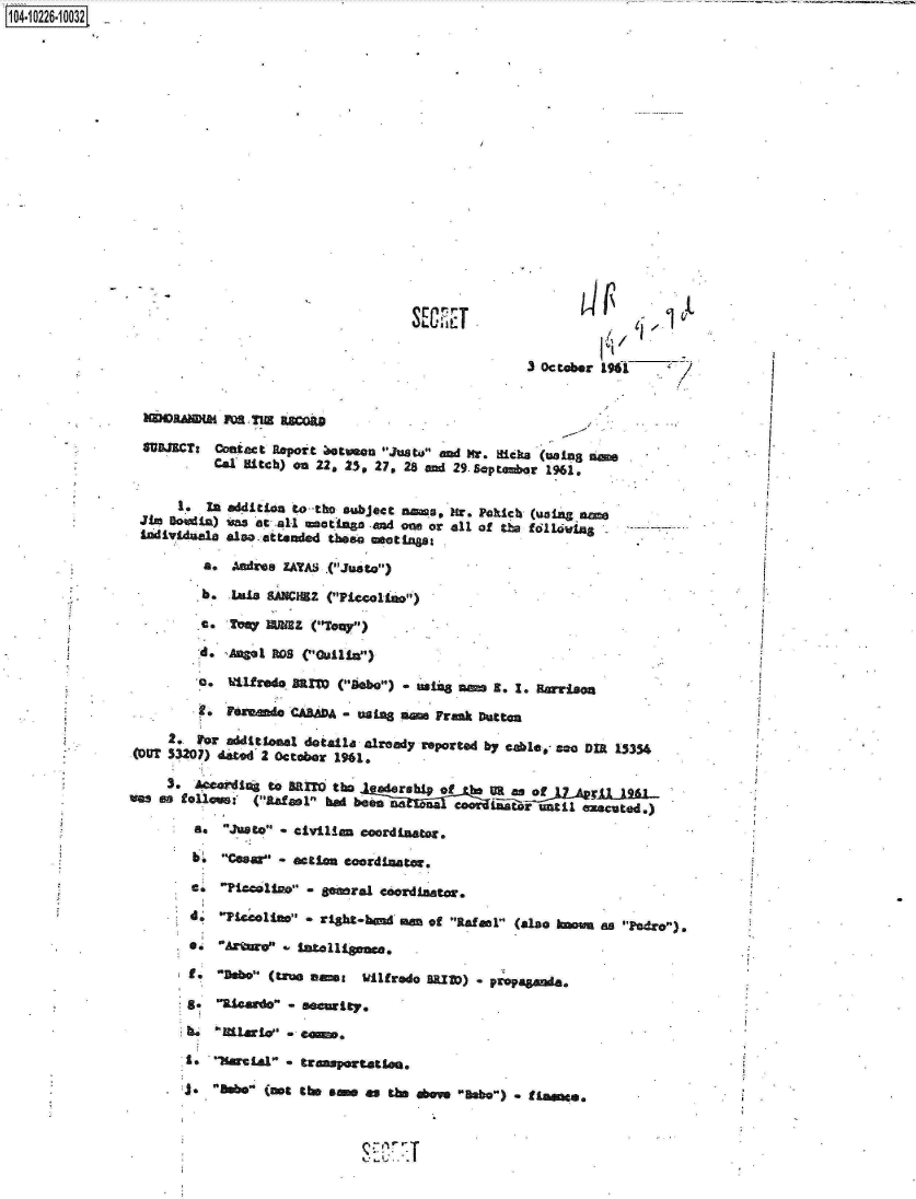 handle is hein.jfk/jfkarch17476 and id is 1 raw text is: 


















                                      SECr


                                                        3October 11      '


  aWRAwM MRaTIM uscoan

  8UMETt Contact   Report  setmon  'Juatd., and Mr. dicks (ualngn
           Cal. Hitch) on 22. 25, 27, 28 and 29 op tombr 1961.

       Is Ina ddition to 'tho subject aso  Mrw. Pokitch (Uning nme
 Jim  Dondisk) , -m  at all mactinga aW owe 'or all of tho fdlovin4
 lndividmu   aisoeotteded  theae mat~npa:

          a.   Anres ZAYAS .(Just.)

          b.  Isa SAmCHgz (,piCco11jjo)

          C.  Tm   DALZ  ('TOW'

          A. 'Au     Rog ('11ia')

          0.Wifred,   BRMl    show)    Us*  am$n S. 1. Harrimon

          F,  Vruande CABADA - using nmen Frank Dutton
     2.. for additional details alreedy reported by cable* ac DID. 15354
(OUT 53207) datod'Z October 1961,
     3.  Apeudic4  to a5110 tho I                                asrsi of be AuR asL.
me as foliom:   (Rafel  had bee a mwi     =    iior until exected,)

         as  JUsto *civilian coordinator.

         bs' Ceae'   acotion coerdimatog.

         a.  ?icelio   - geeral  c6ordinator,

             d,   Wi~olno *righ-h an of Rafael (also kng as IPedro),


           t. D(tre &am:      Vilfredo  UVD)  *propagaa




           I,   1~ial *trenuportatiae.

         ,DbOW     (00t tbDae  am the obo     Bob*) af~


      T
L


