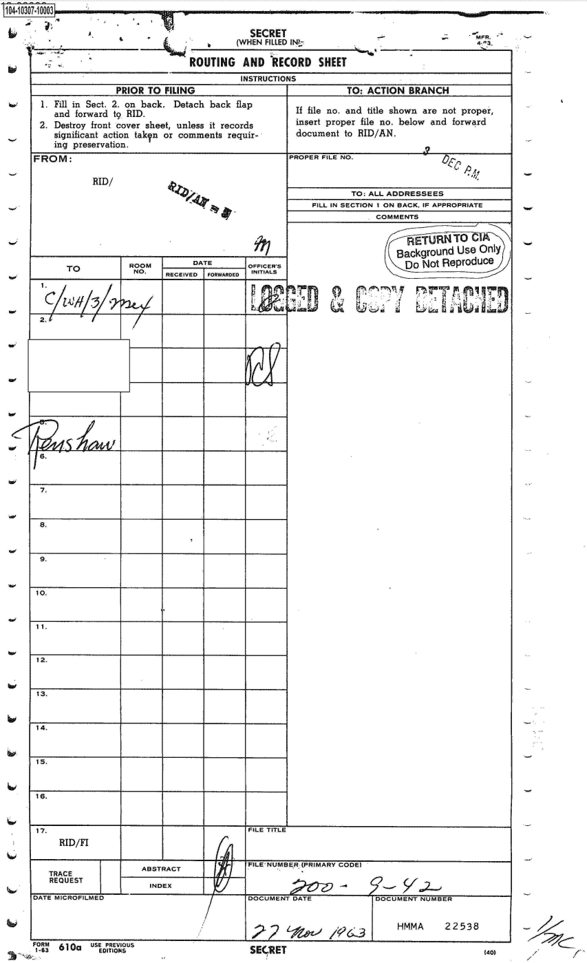 handle is hein.jfk/jfkarch18774 and id is 1 raw text is: 
LIU4- IIUU 3Ima-

     1WA


SECRET


            SECRET
         (WHEN FILLED IN?


ROUTING   AND   RECORD   SHEET


INSTRUCTIONS


               PRIOR TO FILING                              TO: ACTION  BRANCH

1. Fill in Sect. 2. on back. Detach back flap     If file no. and title shown are not proper,
   and forward t9 RID.                            if      file no. te   ow  ae noroprd
2. Destroy front cover sheet, unless it records   insert proper file no. below and forward
   significant action takn or comments requir-    document  to RID/AN.
   ing preservation.


FROM:


RID/


      O           ROOM         DATE       OFFICER'S
                   NO.   RECEIVED FORWARDED INITIALS























 6.



 7.



 8.



 9.



10.



11.



12.



13.



14.



15.



16.


        TO: ALL ADDRESSEES
FILL IN SECTION 1 ON BACK. IF APPROPRIATE
            COMMENTS


  RETURN   TO  C
Backgroufnd Use Only
  Do Not Reproduce


17.                                       FILE TITLE
     RID/FI

                                          AILE NUMBER (PRIMARY CODE)
   TRACE          _  ABSTRACT
   REQUEST             INDEX

DATE MICROFILMED                          DOCUMENT DATE            DOCUMENT NUMBER



                                                                       HMMA      22538


SECRET


(4)


MFR.


     61 Oa USE PREVIOUS
1-63 6Oa    EDITIONS


PROPER FILE NO.


JNP


(4a)


a=


